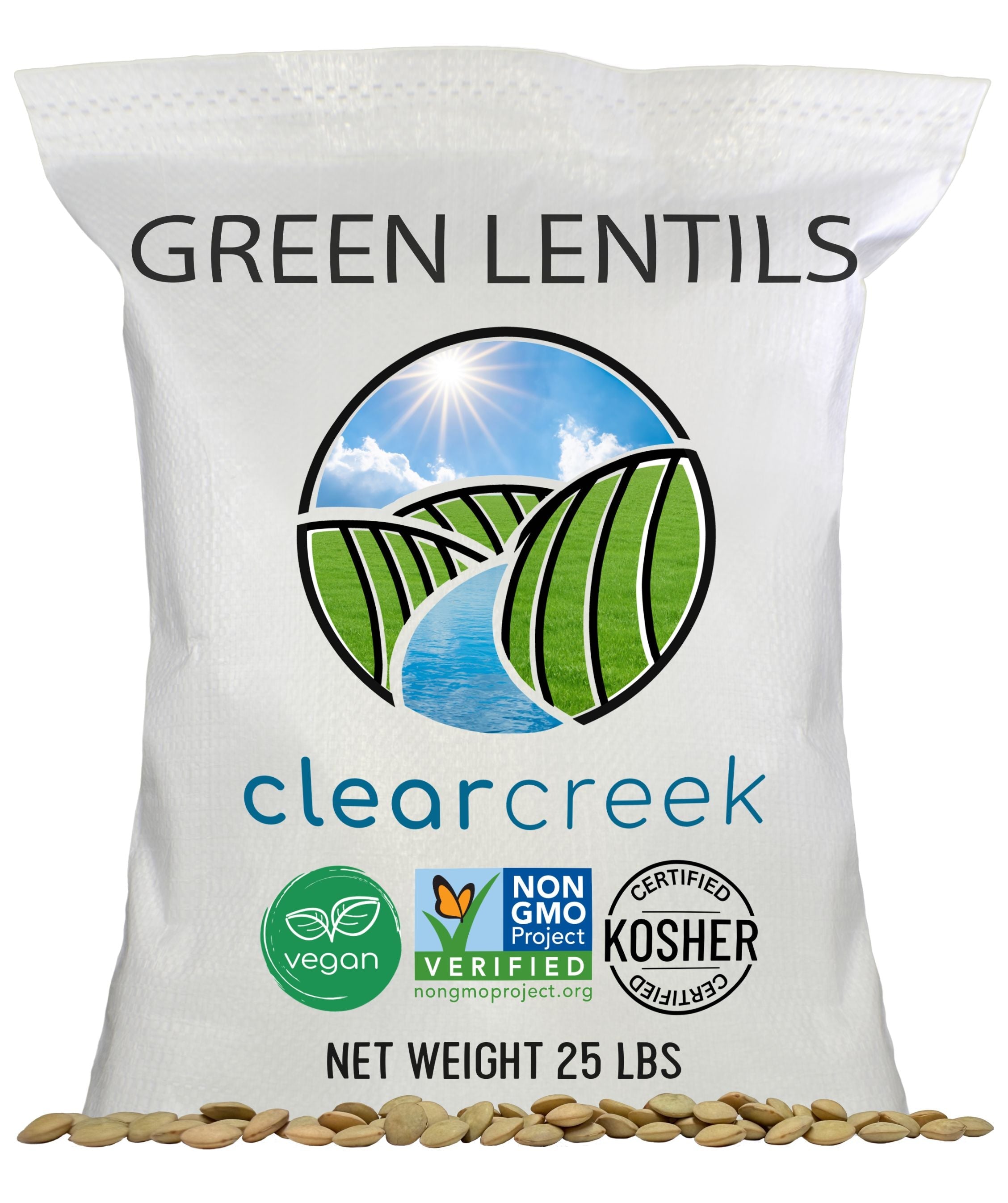 Front of Clear Creek Green Lentils 25 lb bag with vegan, Non-GMO Project Verified, and Kosher Certified seals
