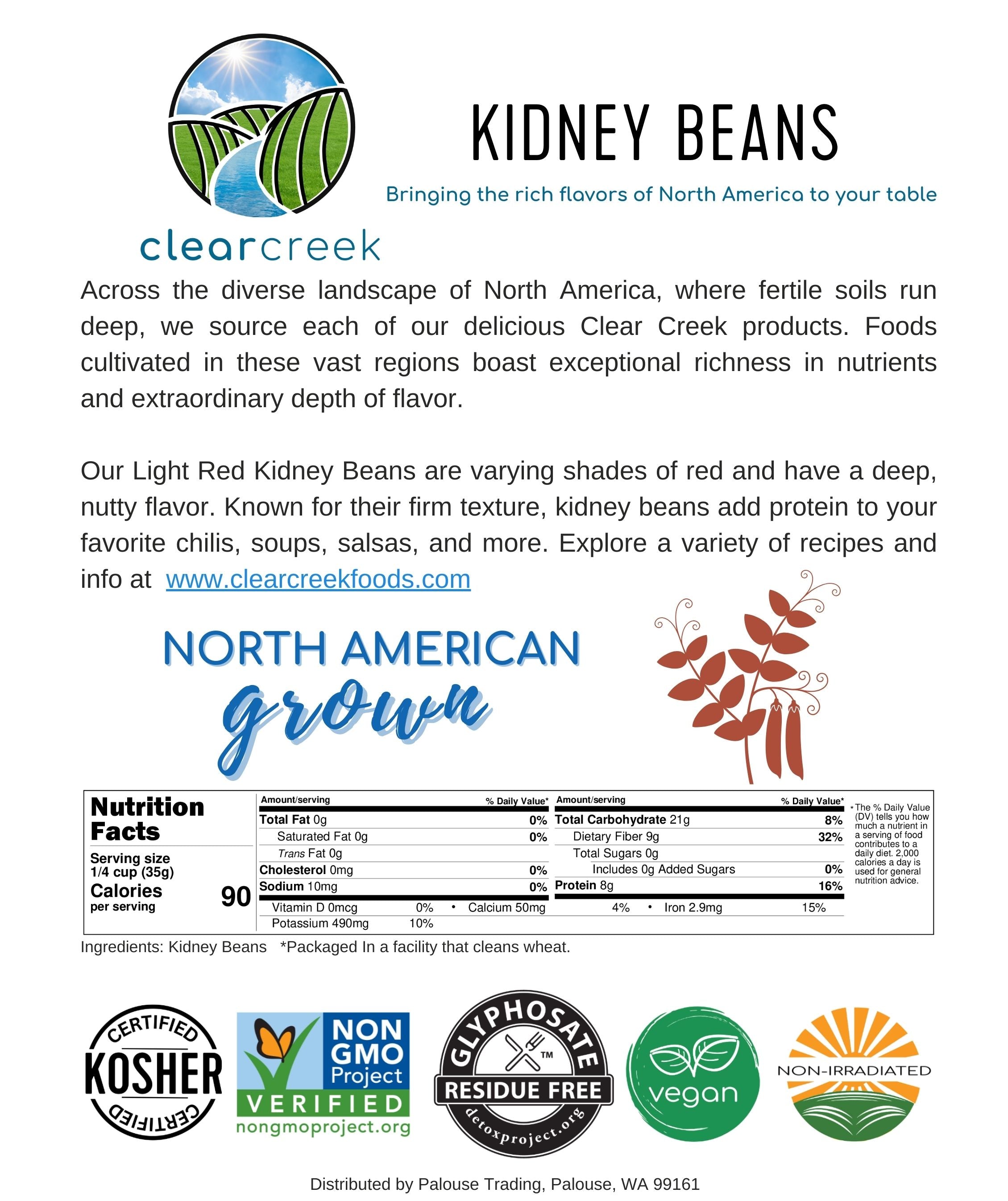 Clear Creek Kidney Beans 'North American Grown' information card with description, nutrition facts, and Kosher, Non-GMO Project Verified, Glyphosate Residue Free, vegan, and Non-Irradiated certifications