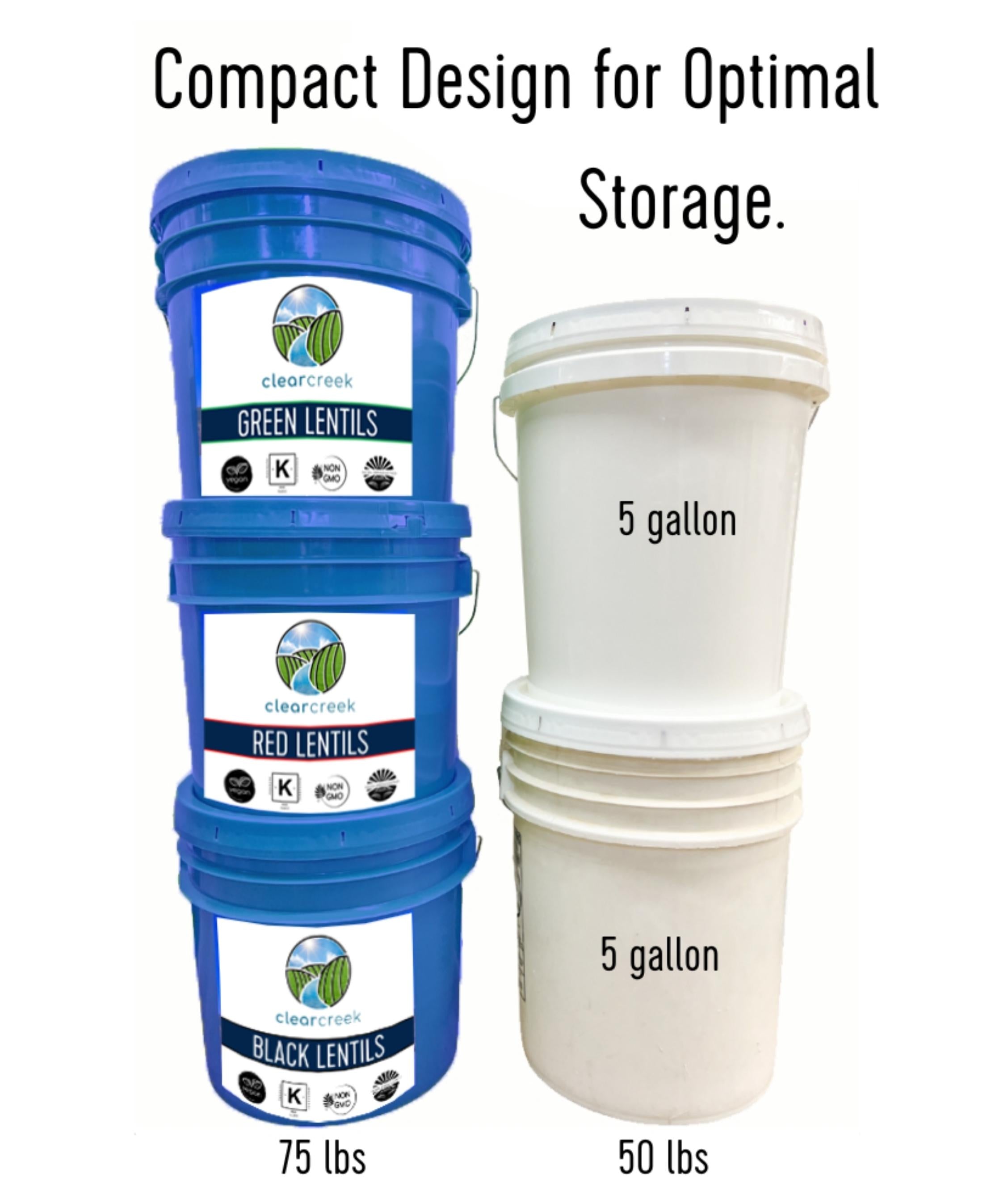 Stacked Clear Creek lentil storage buckets at 75 lb compared to two stacked 5 gallon plastic buckets at 50 lb, with text 'Compact Design for Optimal Storage'