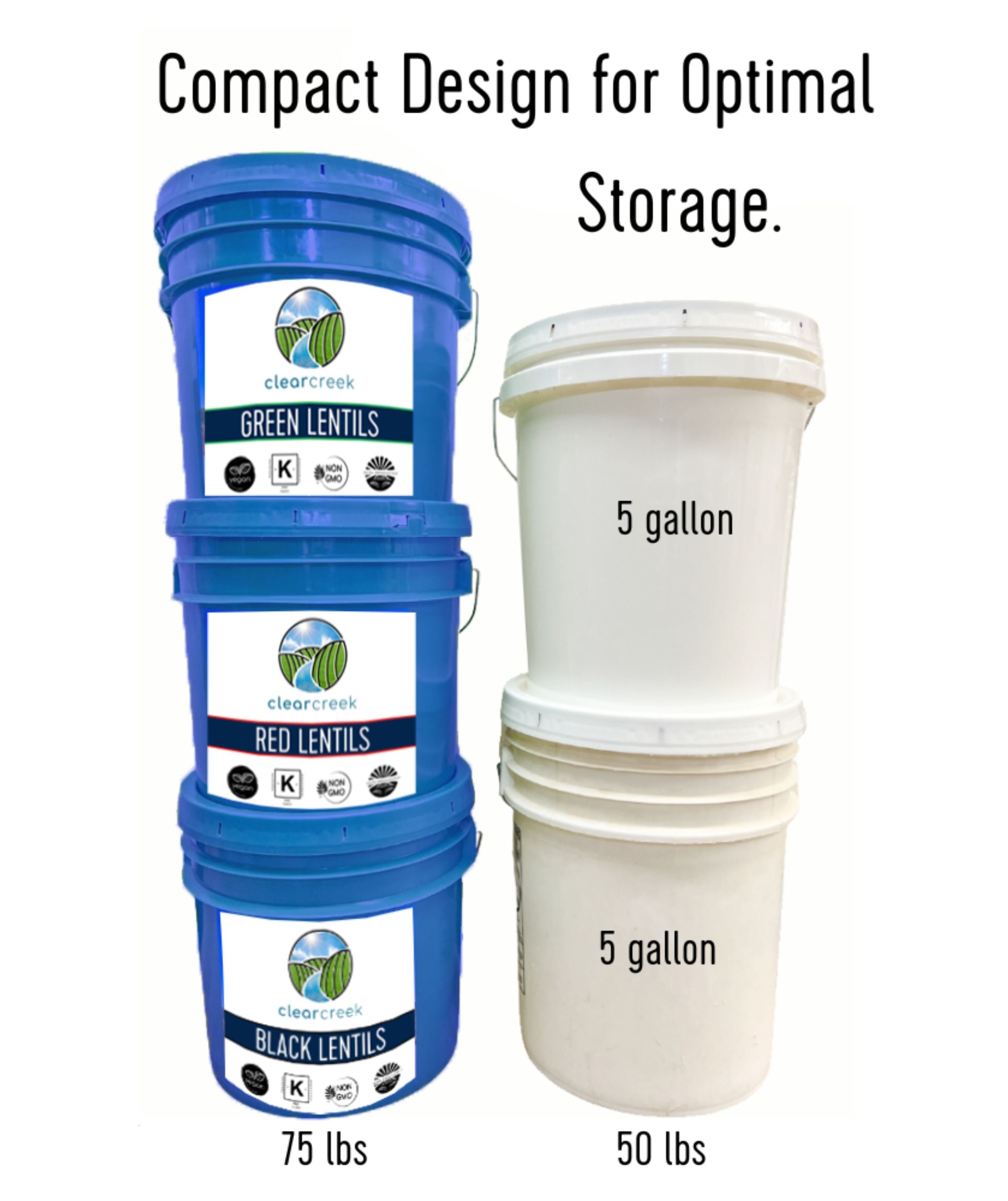 Stacked Clear Creek lentil storage buckets at 75 lb compared to two stacked 5 gallon plastic buckets at 50 lb, with text 'Compact Design for Optimal Storage'