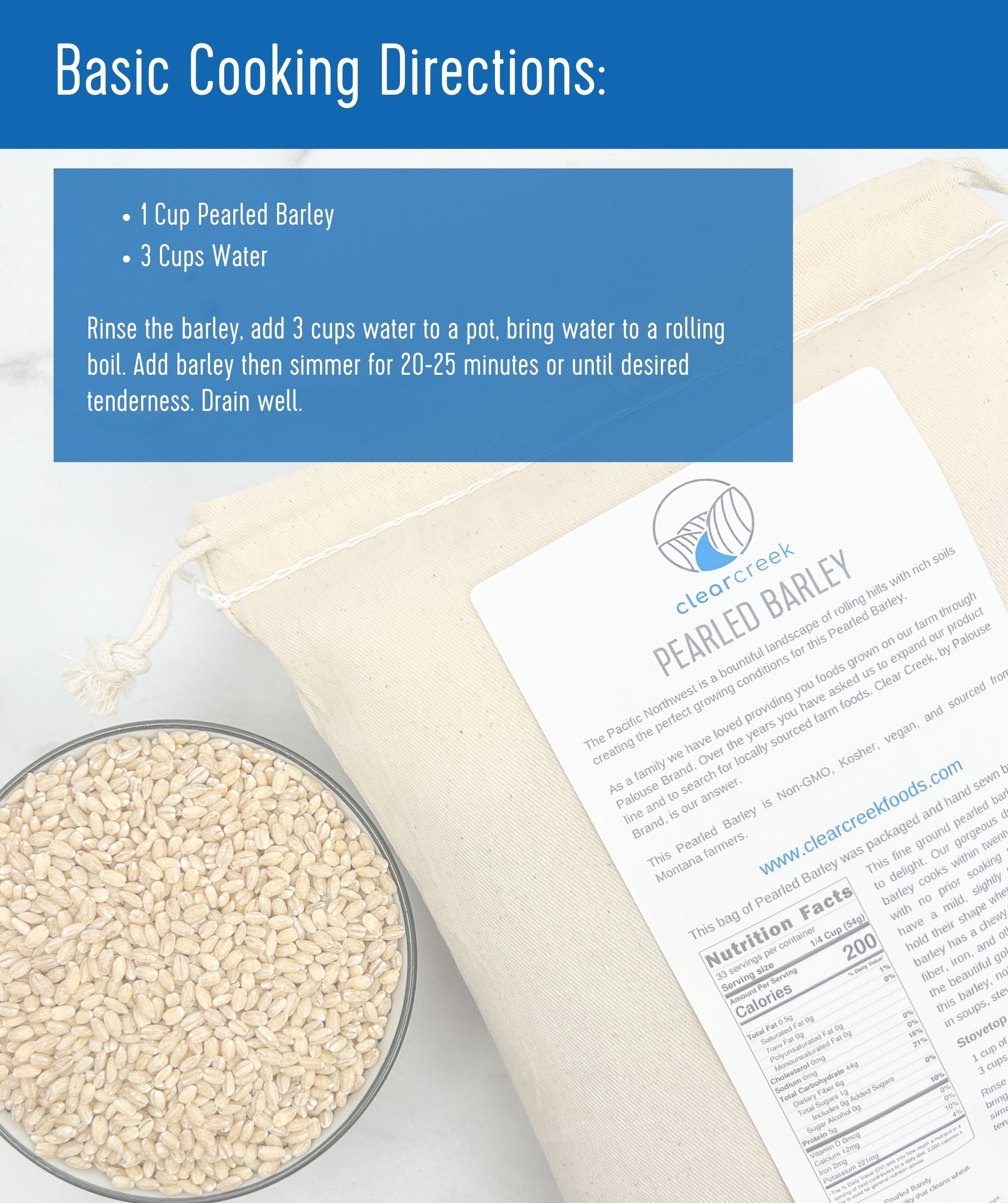 Clear Creek Pearled Barley Basic Cooking Directions card with a canvas bag and bowl of pearled barley