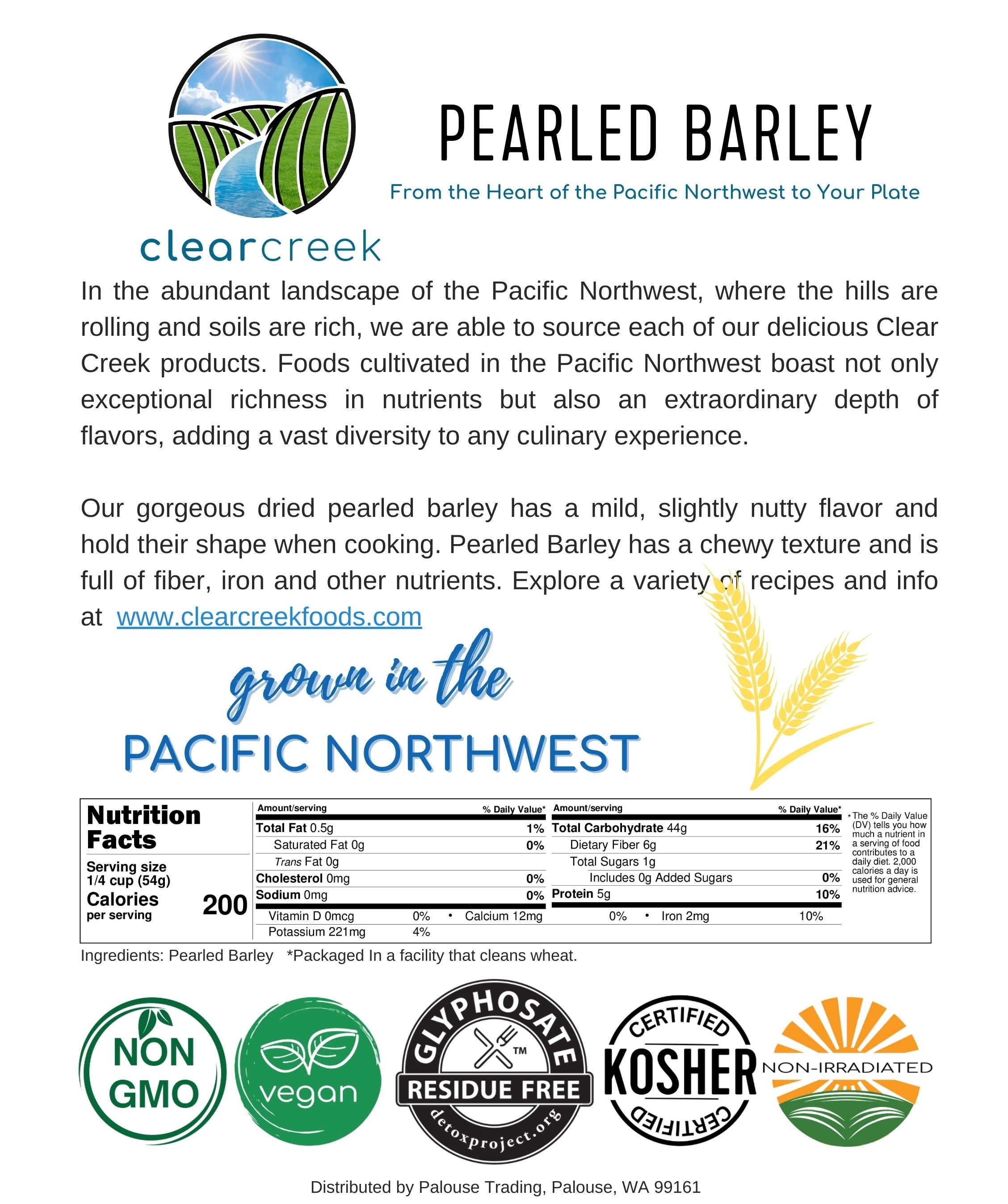Clear Creek Pearled Barley information card with nutrition facts and Non-GMO, vegan, Glyphosate Residue Free, Kosher, and non-irradiated certifications