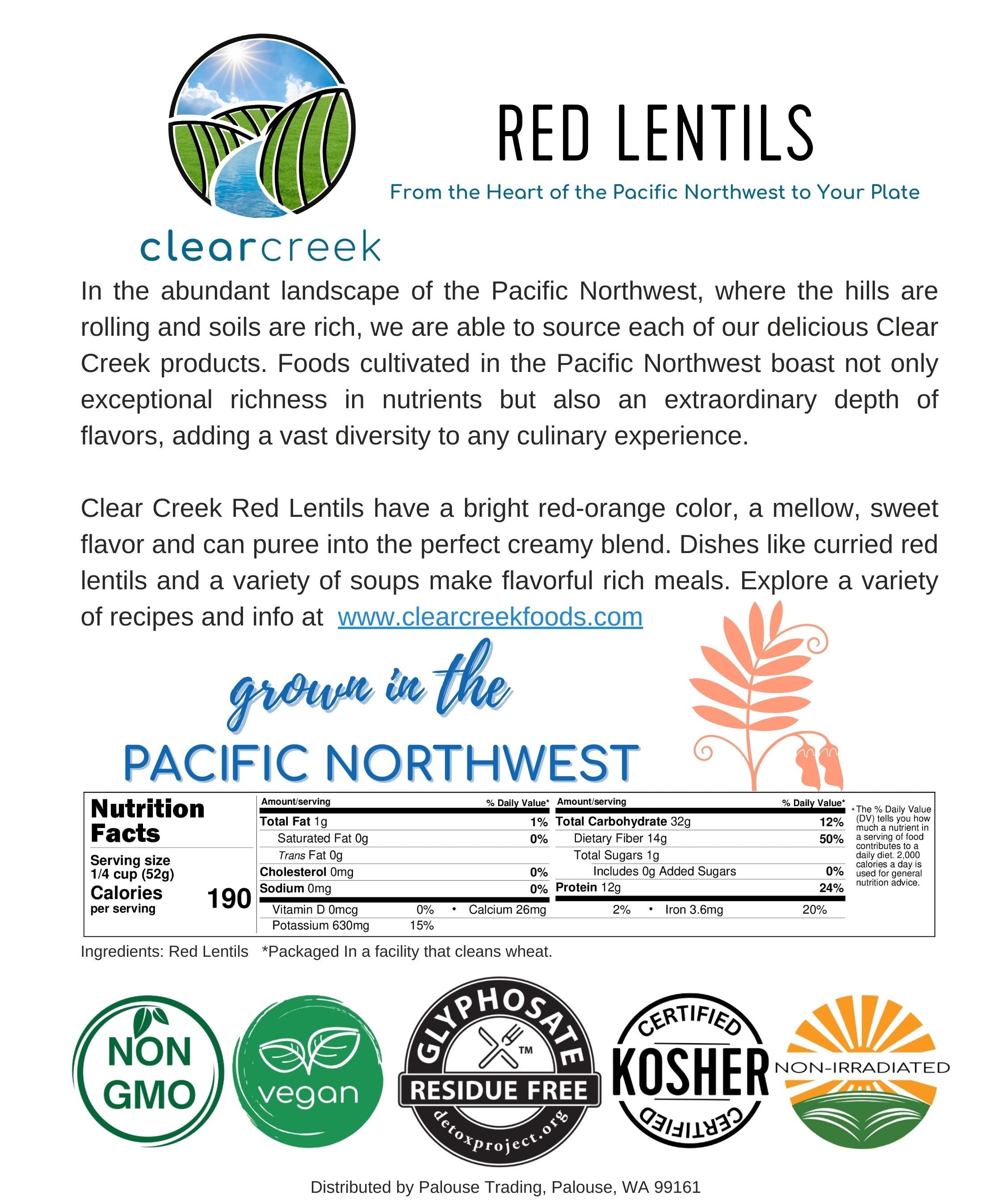 Clear Creek Red Lentils product card with Pacific Northwest origin story, nutrition facts, and Non-GMO, vegan, Glyphosate Residue Free, kosher, and non-irradiated certifications