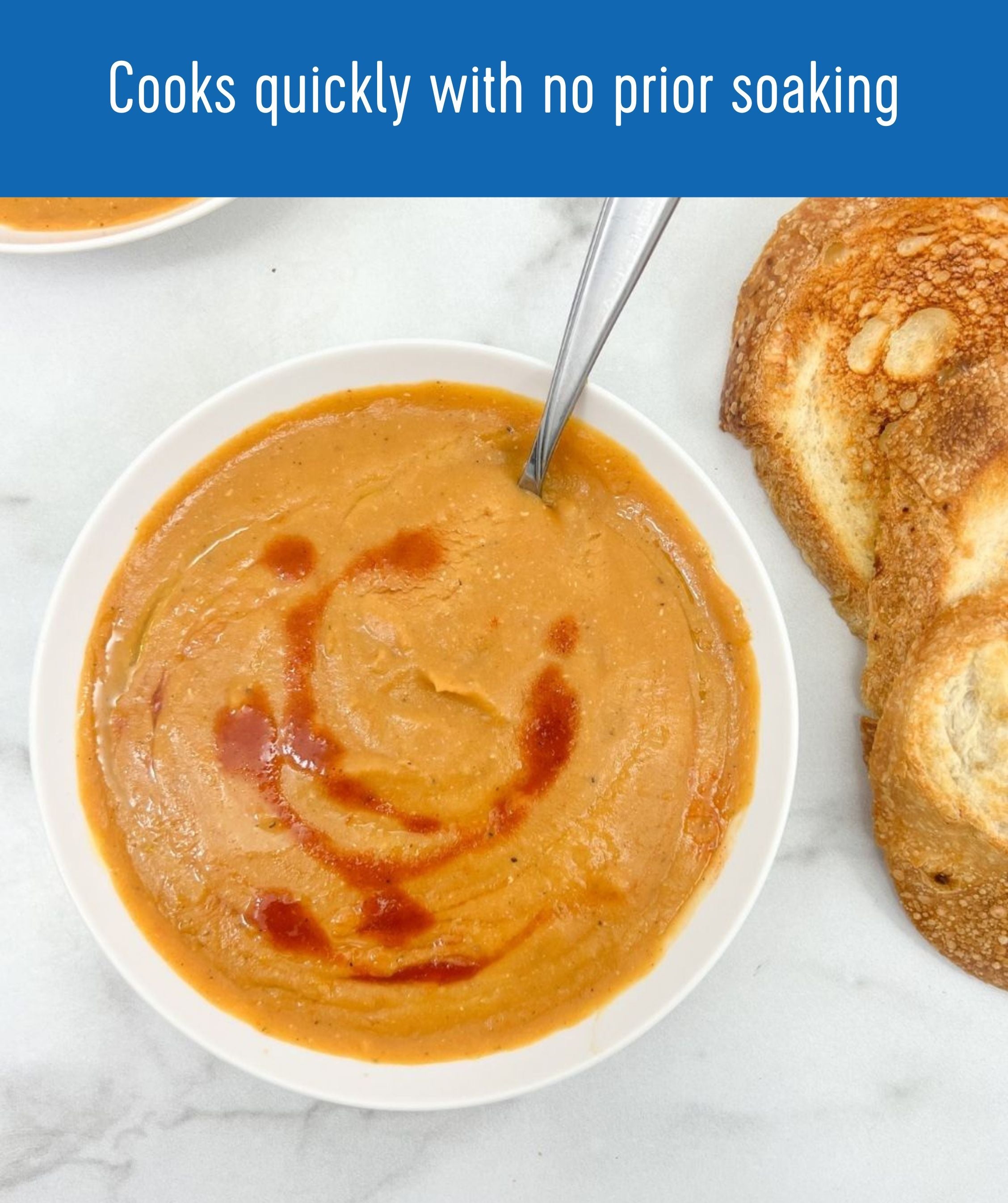 Clear Creek Red Lentil Soup recipe card with a 'Cooks quickly with no prior soaking' banner showing a bowl of creamy red lentil soup with hot sauce drizzle next to toasted bread