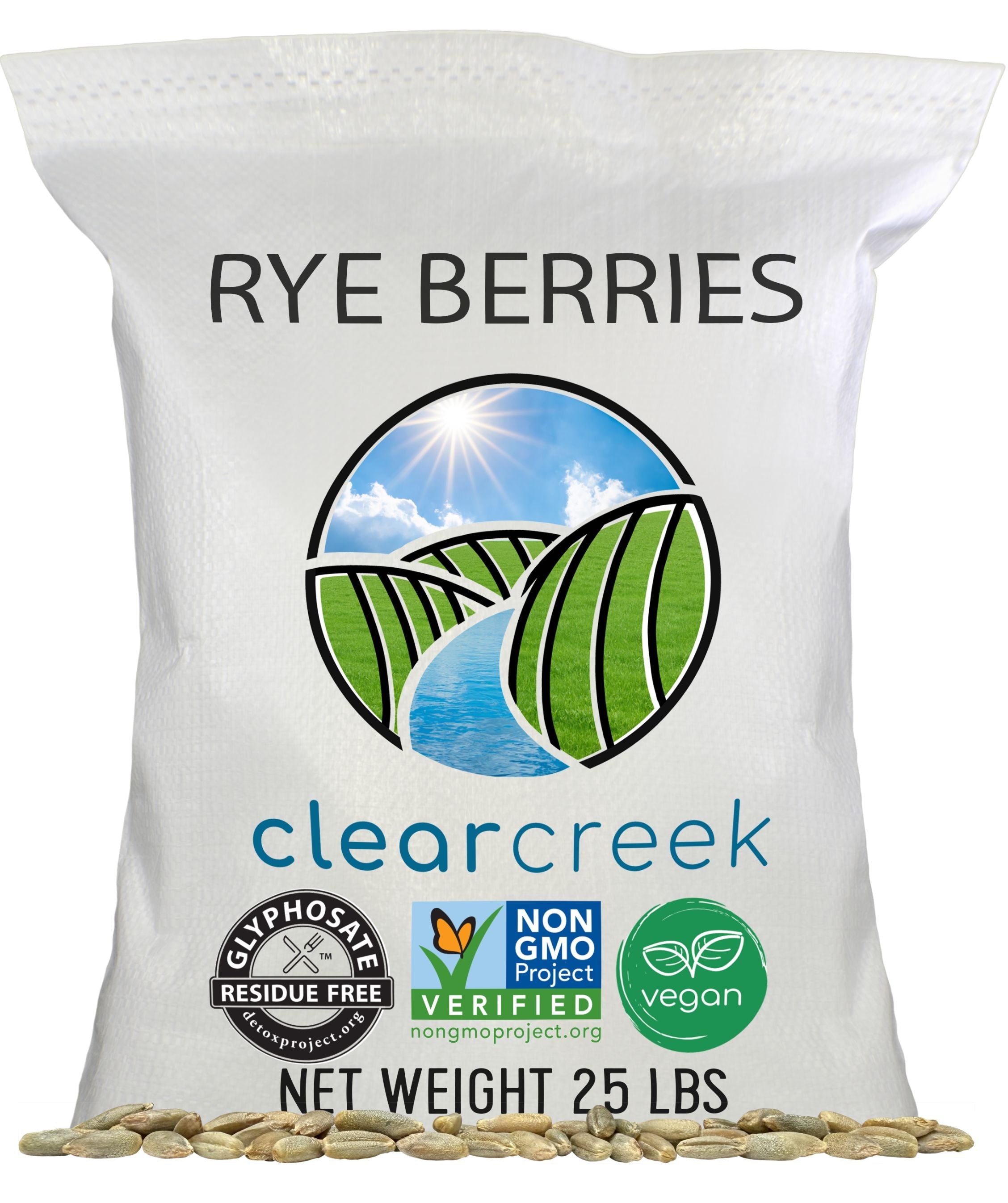 Front of Clear Creek Rye Berries 25 lb bag with Glyphosate Residue Free, Non-GMO Project Verified, and vegan seals