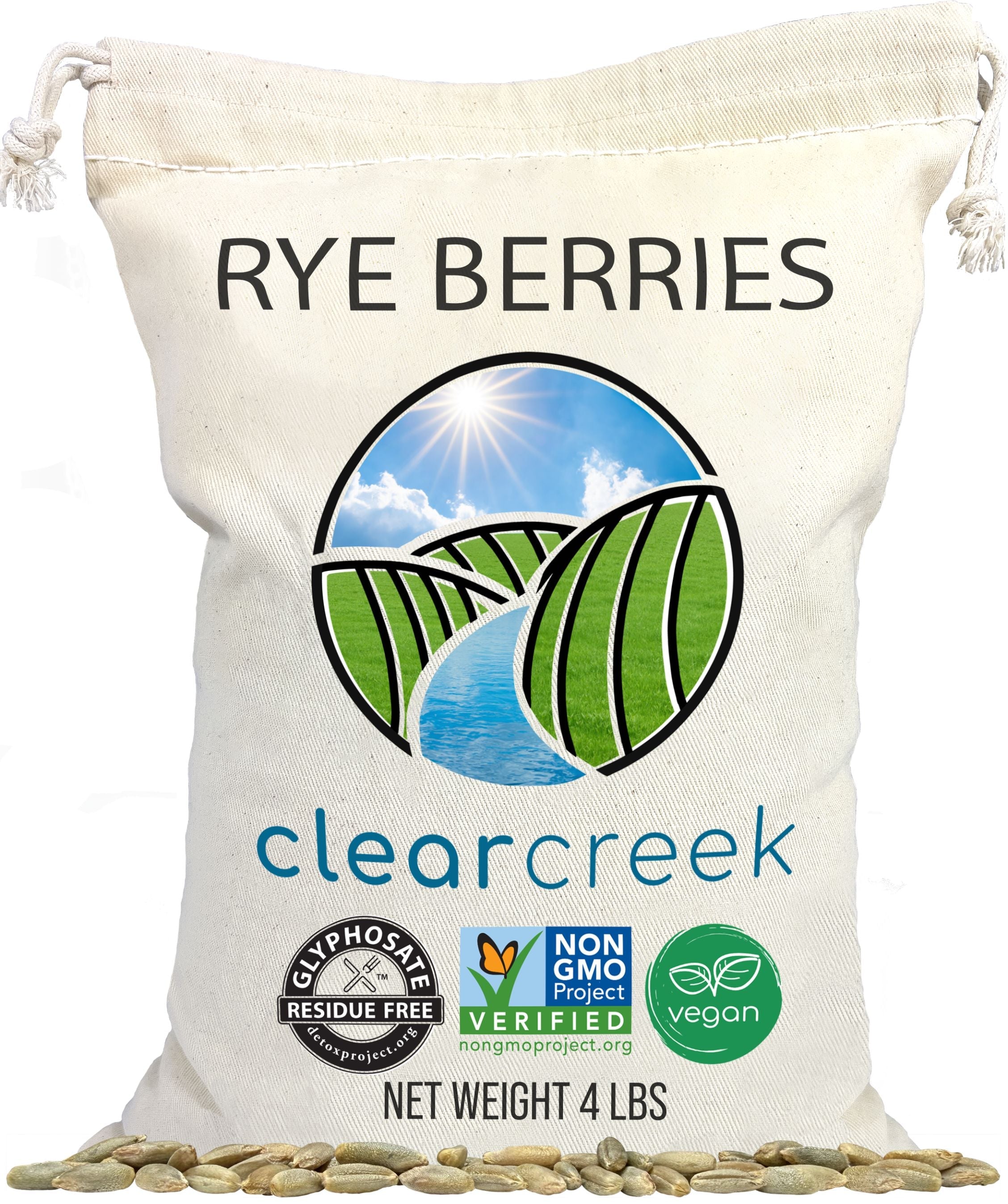 Front of Clear Creek Rye Berries 4 lb drawstring fabric bag with Glyphosate Residue Free, Non-GMO Project Verified, and vegan seals