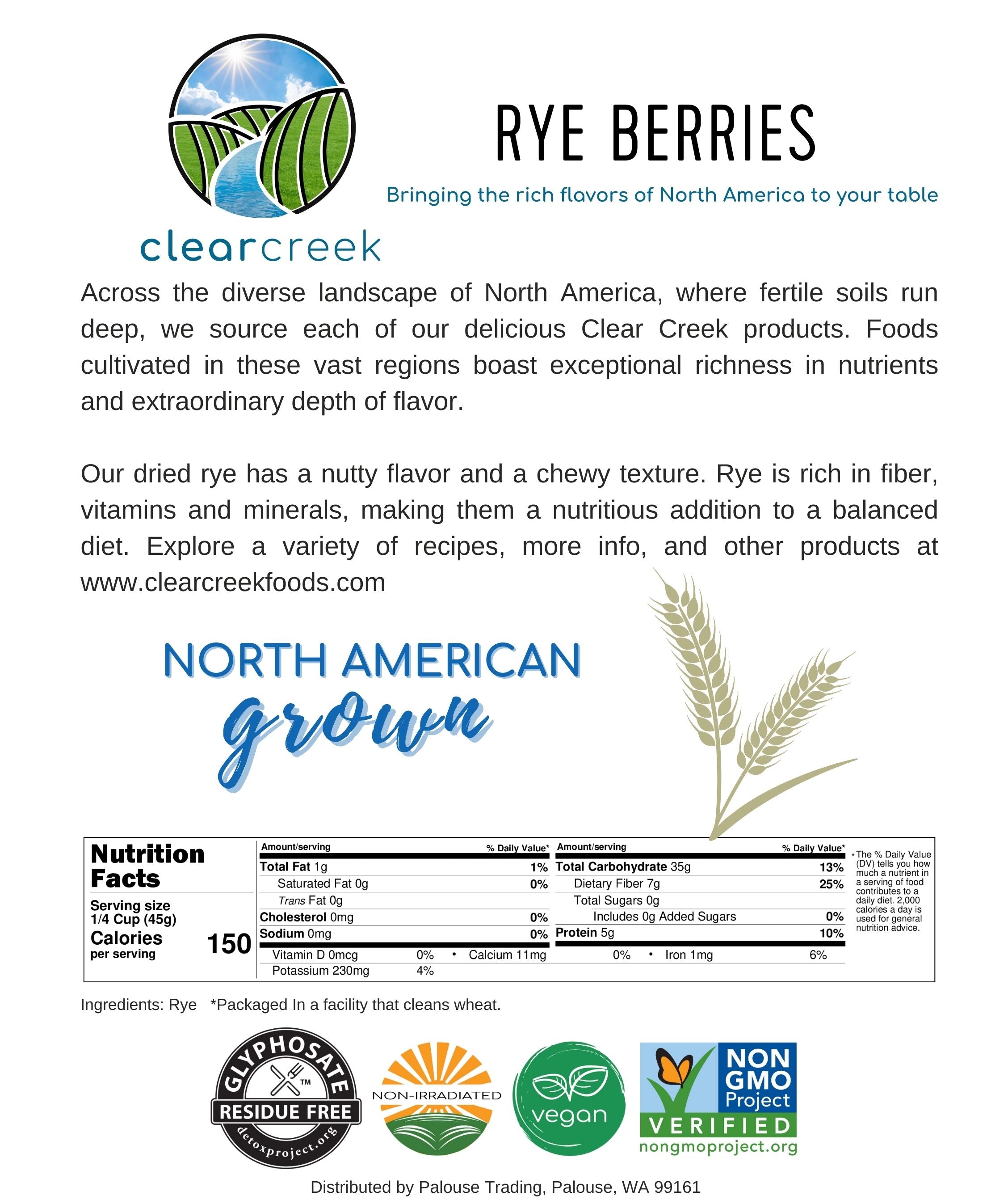 Clear Creek Rye Berries info card with nutrition facts and North American Grown details