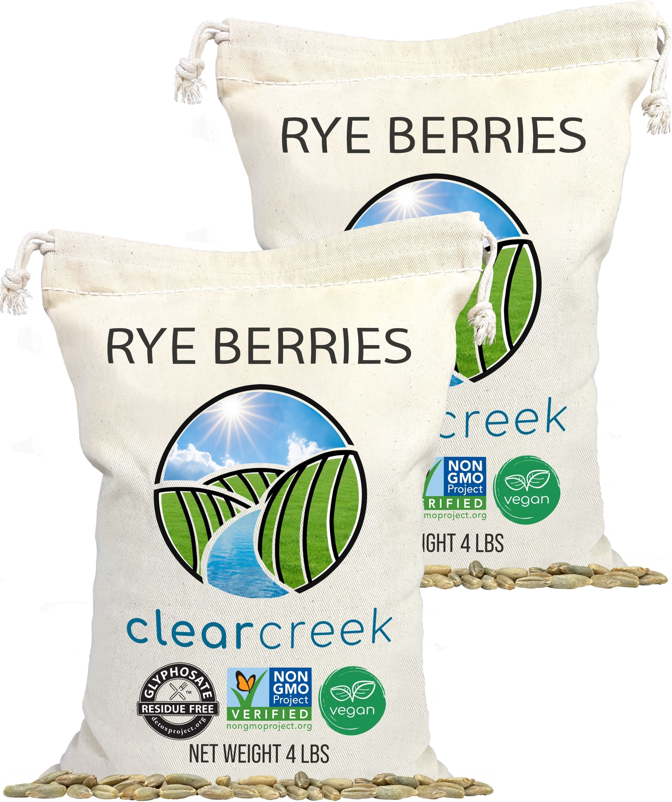 Two stacked Clear Creek Rye Berries 4 lb drawstring fabric bags with Glyphosate Residue Free, Non-GMO Project Verified, and vegan seals