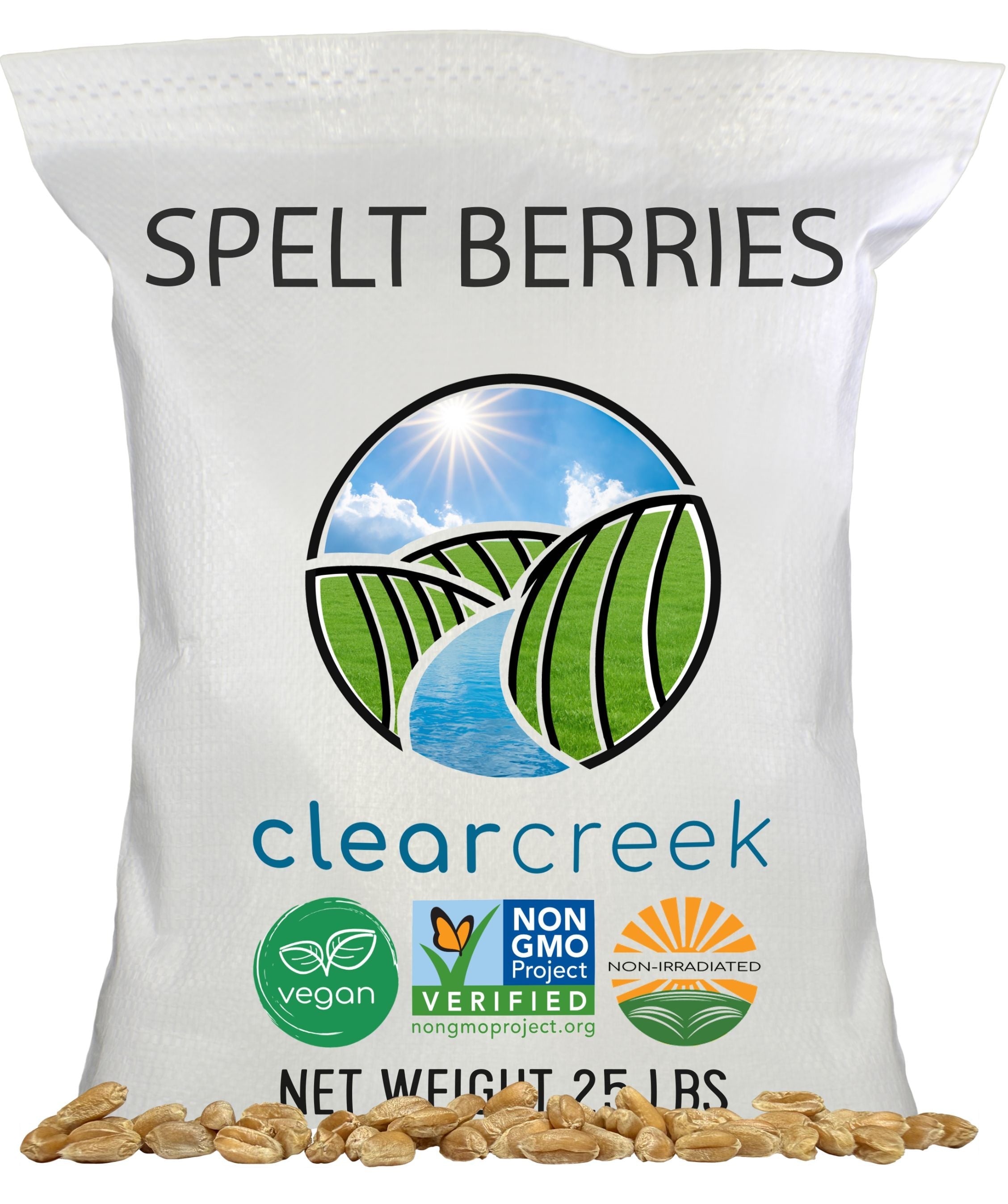 Front of Clear Creek Spelt Berries 25 lb bag with vegan, Non-GMO Project Verified, and Non-Irradiated seals