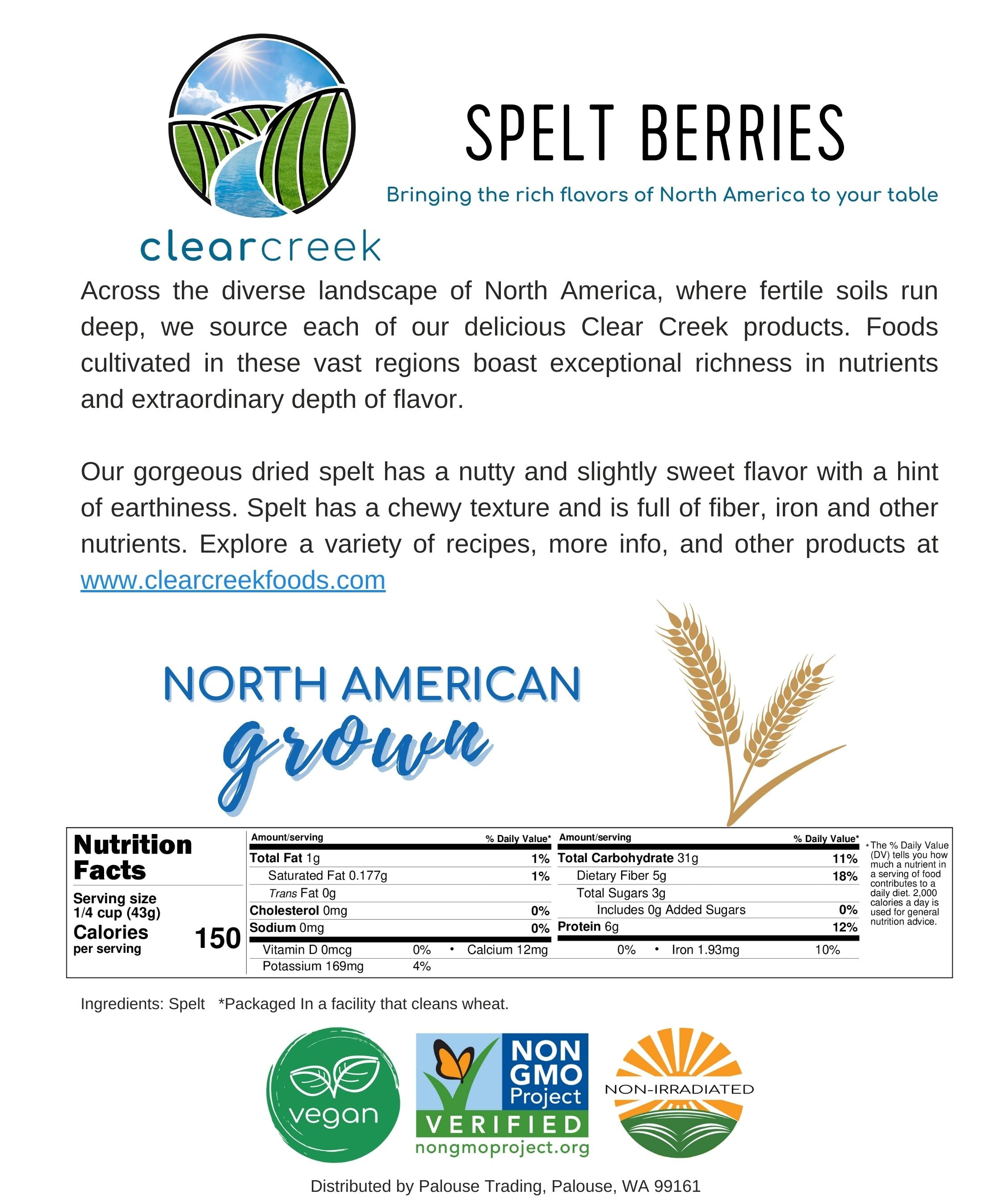 Clear Creek Spelt Berries info card with nutrition facts and North American Grown details