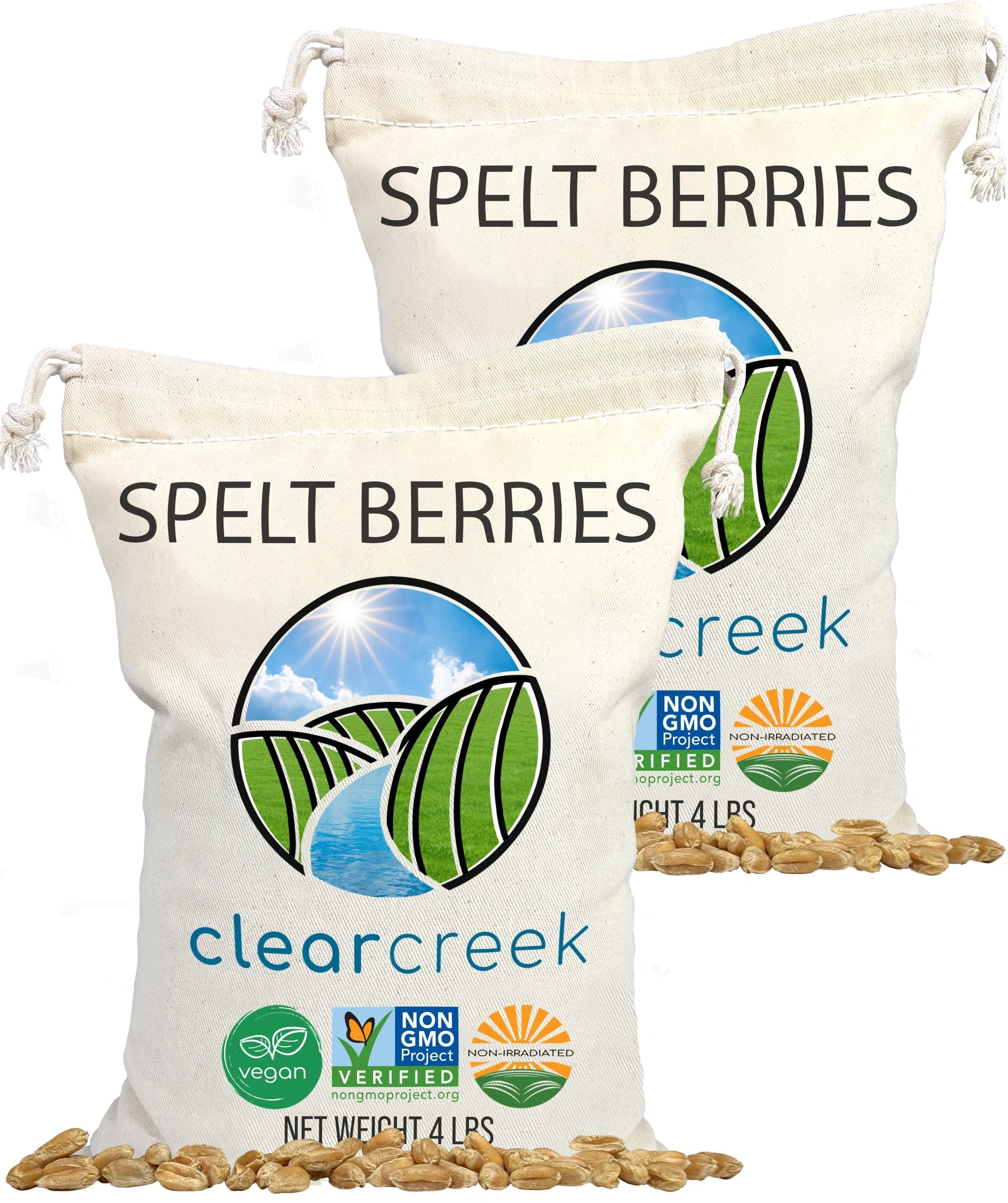 Two stacked Clear Creek Spelt Berries 4 lb drawstring fabric bags with vegan, Non-GMO Project Verified, and Non-Irradiated seals