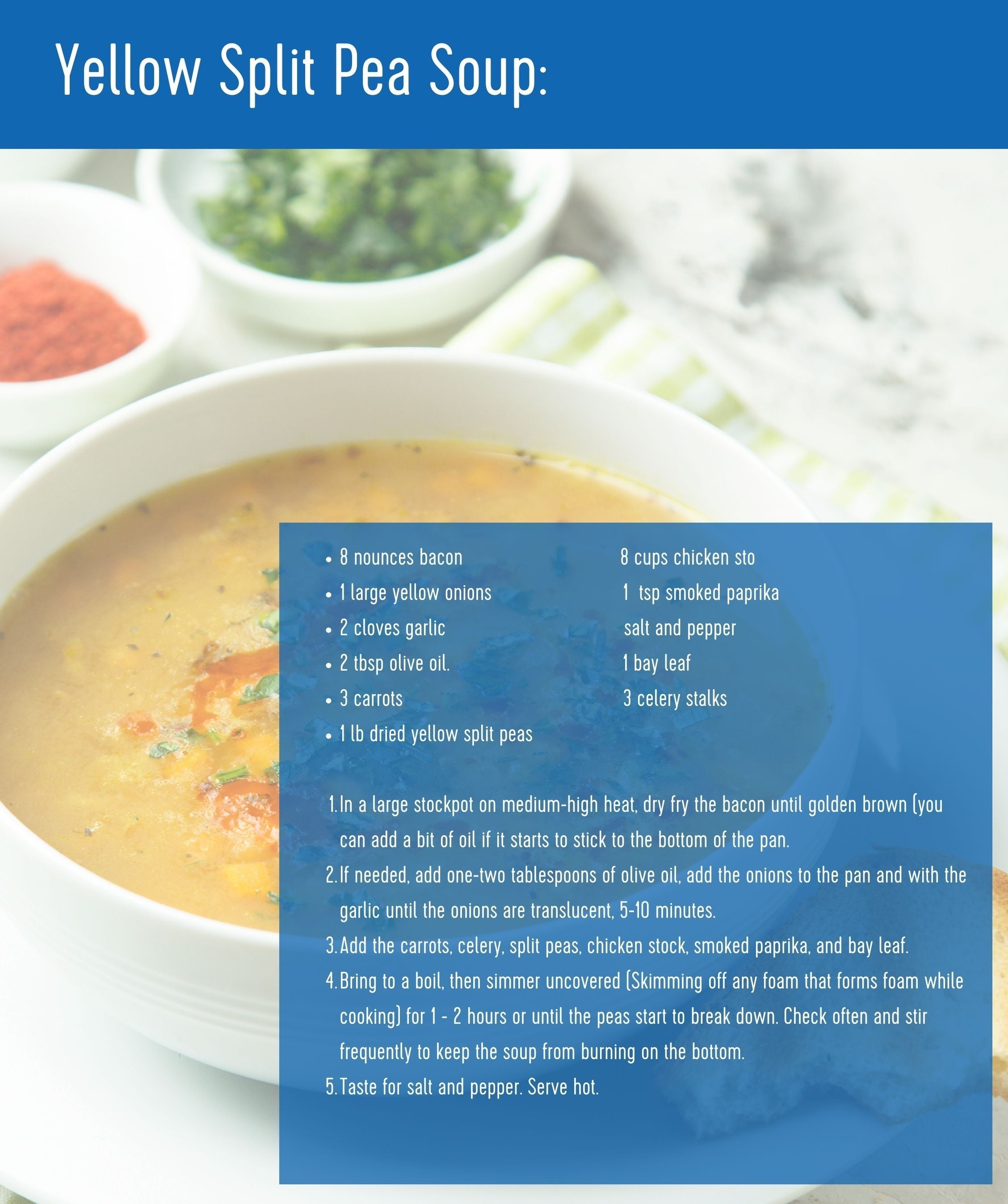 Yellow split pea soup recipe card with bowl of creamy yellow soup, paprika, herbs, and ingredient list