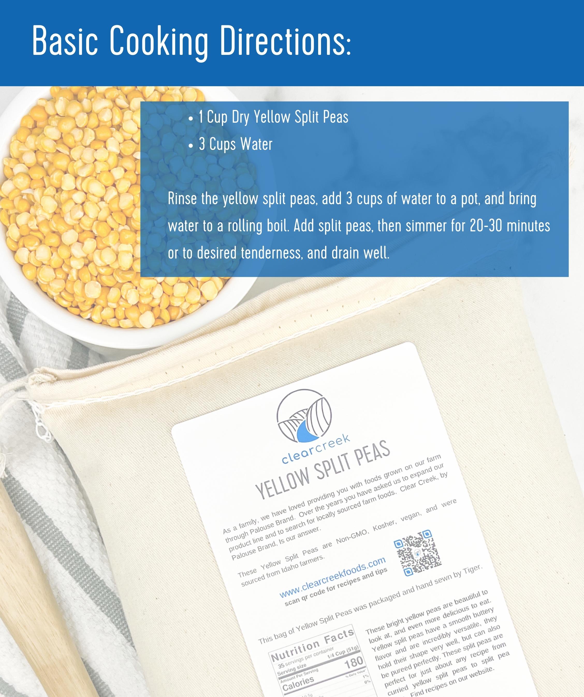 Clear Creek Yellow Split Peas basic cooking directions card with bowl of dry split peas and product bag