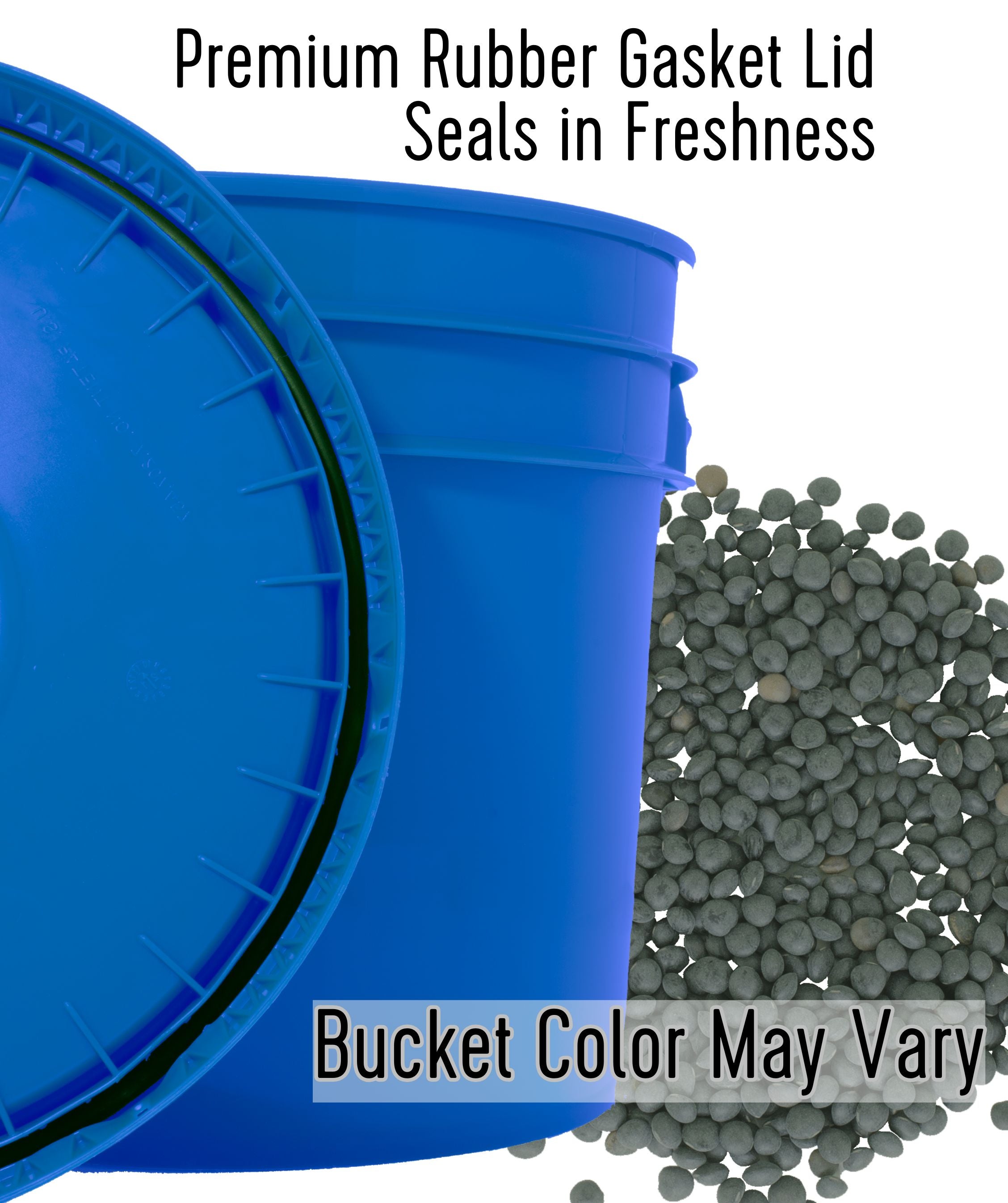 Clear Creek bucket card showing a blue gasket-lid bucket with black beluga lentils, noting the rubber gasket lid seals in freshness and bucket color may vary