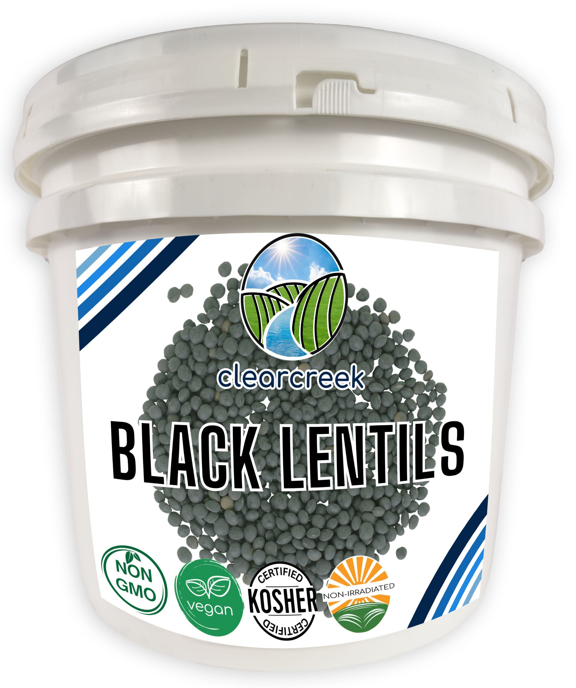 Clear Creek Black Lentils in a white bucket with Non-GMO, vegan, Kosher, and non-irradiated certifications