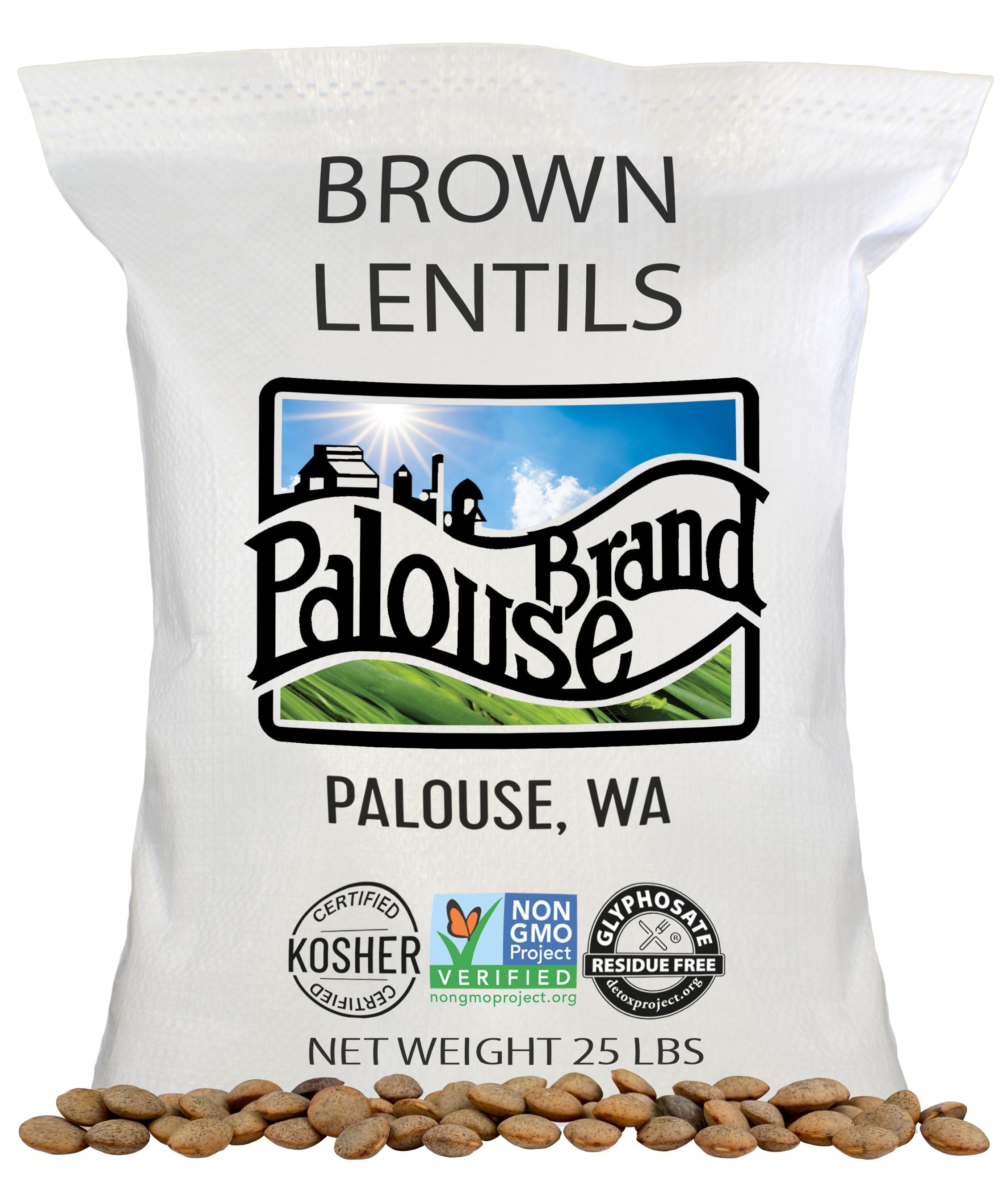 Front of a Palouse Brand Brown Lentils 25 lb bag with Glyphosate Residue Free, Non-GMO Project Verified, and Certified Kosher seals on a white background