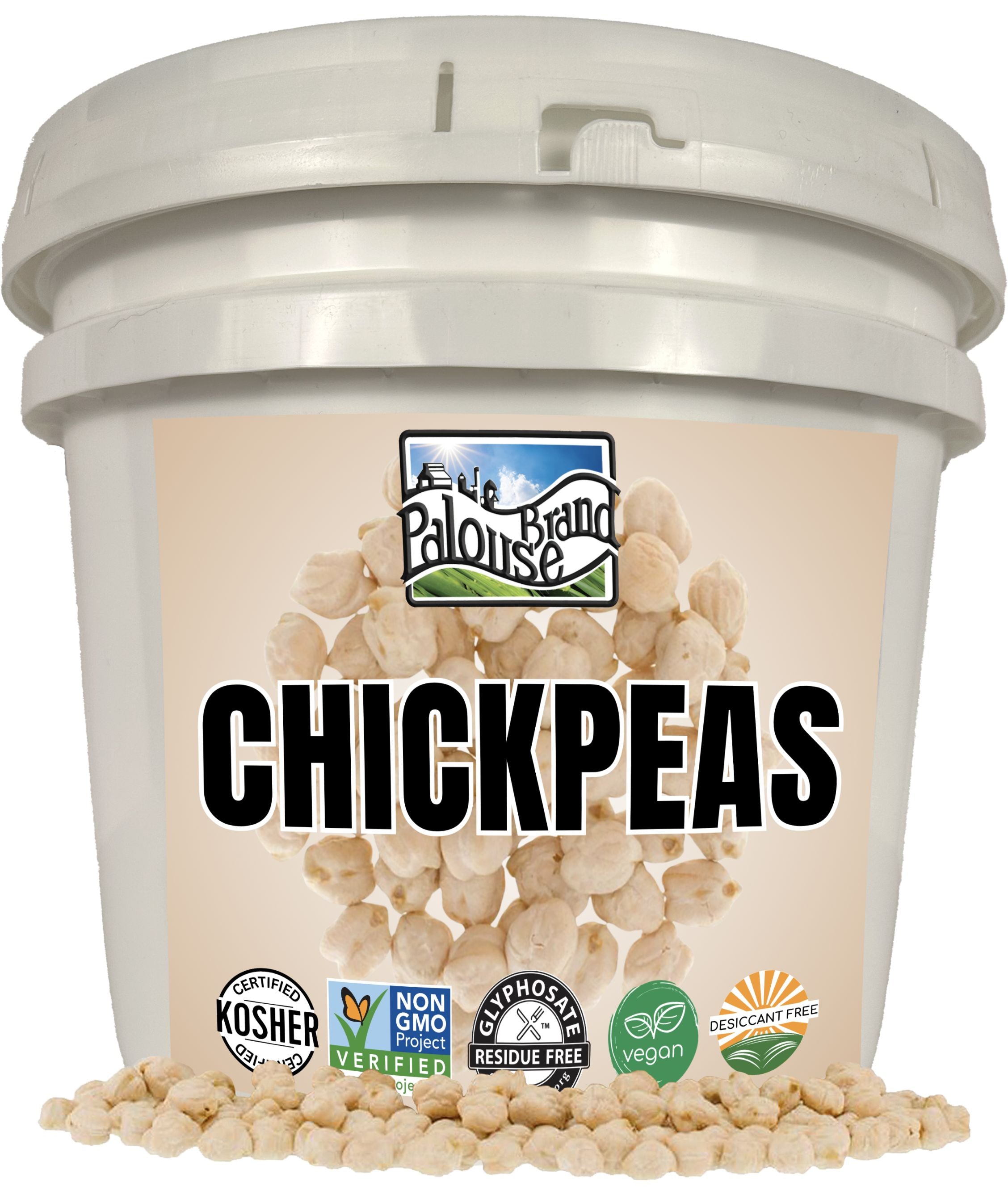 Palouse Brand Chickpeas white storage bucket with Kosher, Non-GMO Project Verified, Glyphosate Residue Free, vegan, and Desiccant Free certifications