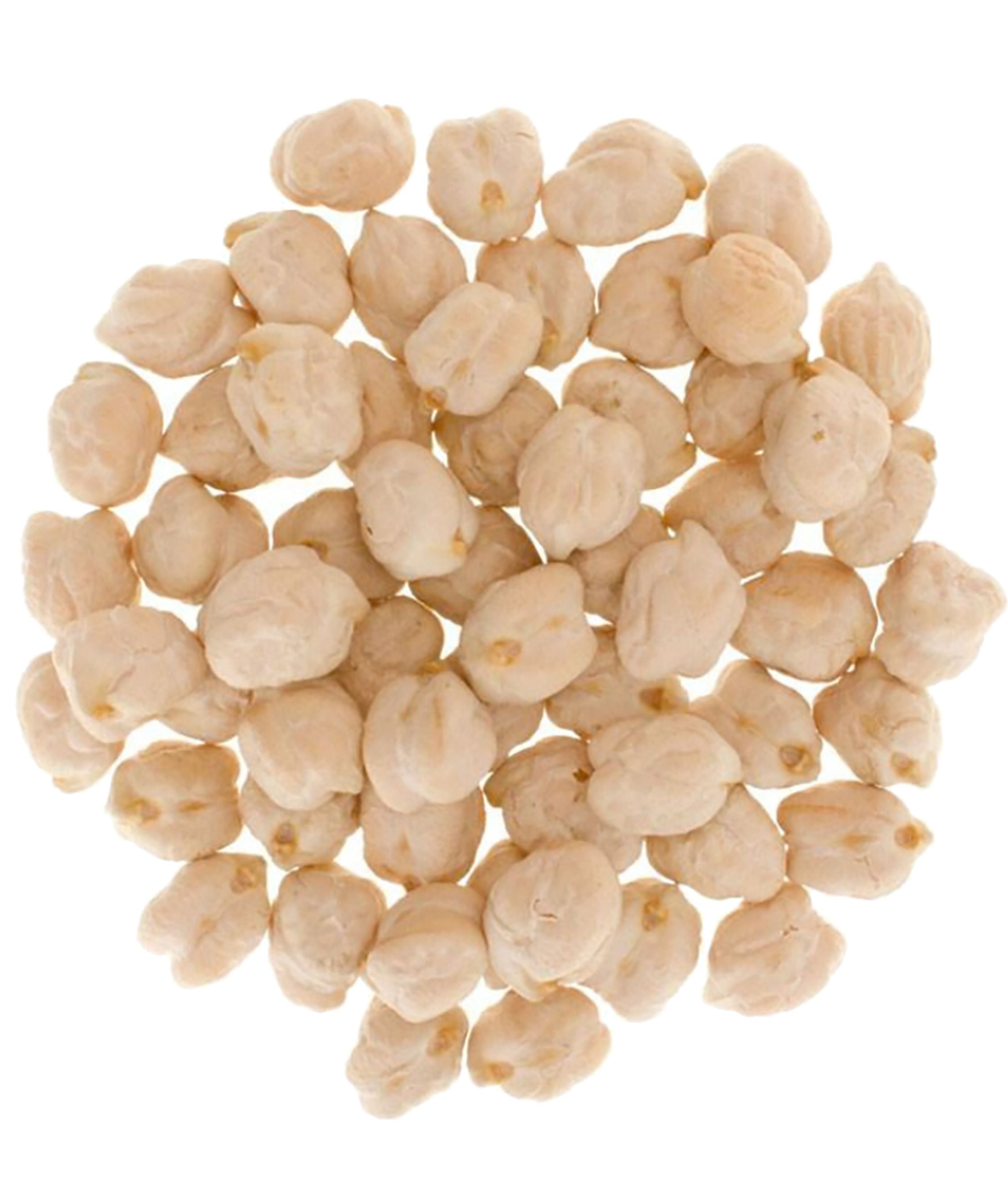Pile of dried Palouse Brand chickpeas on a white background