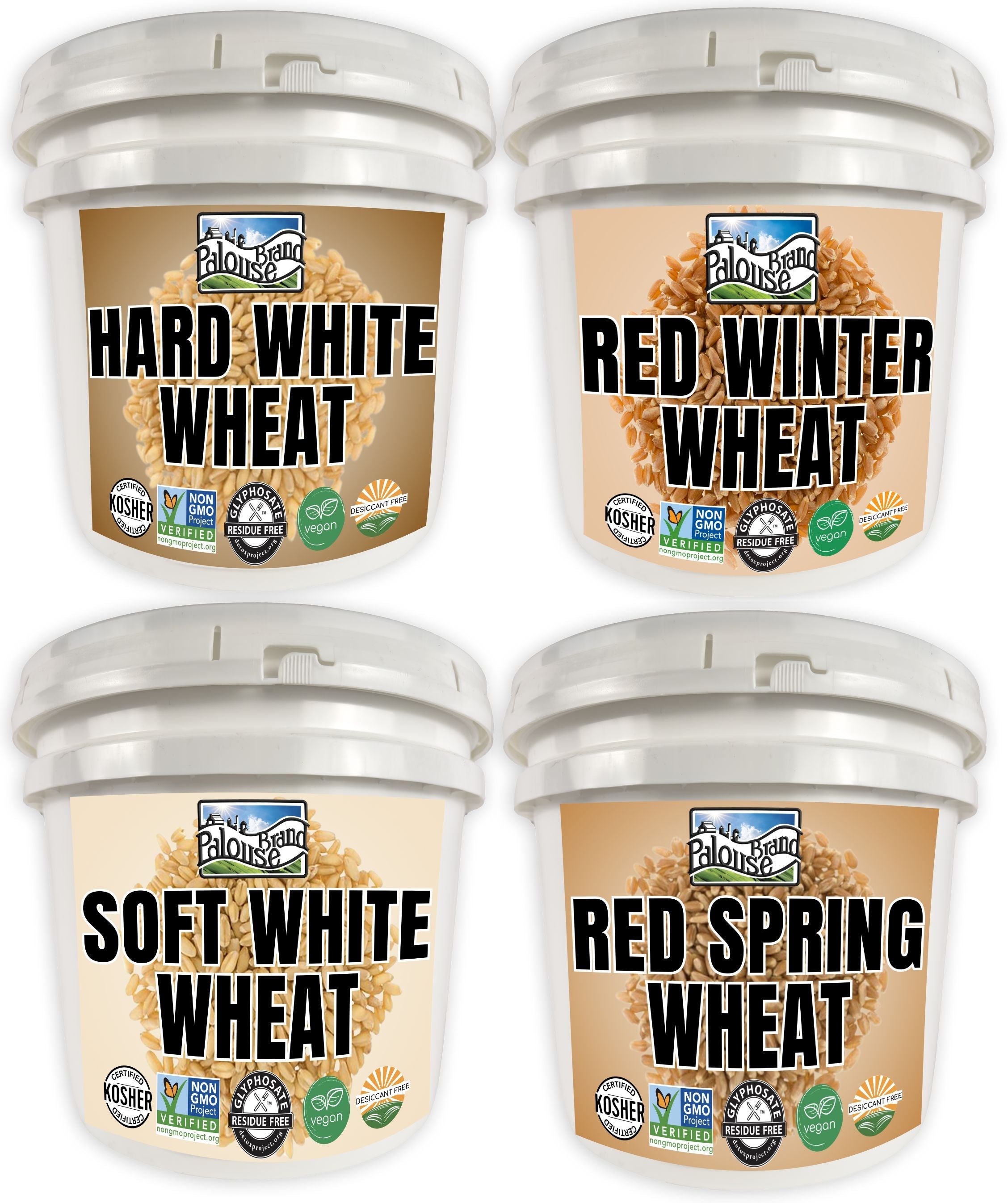 Four Palouse Brand wheat storage buckets including Hard White, Red Winter, Soft White, and Red Spring with Kosher, Non-GMO Project Verified, Glyphosate Residue Free, vegan, and Desiccant Free seals