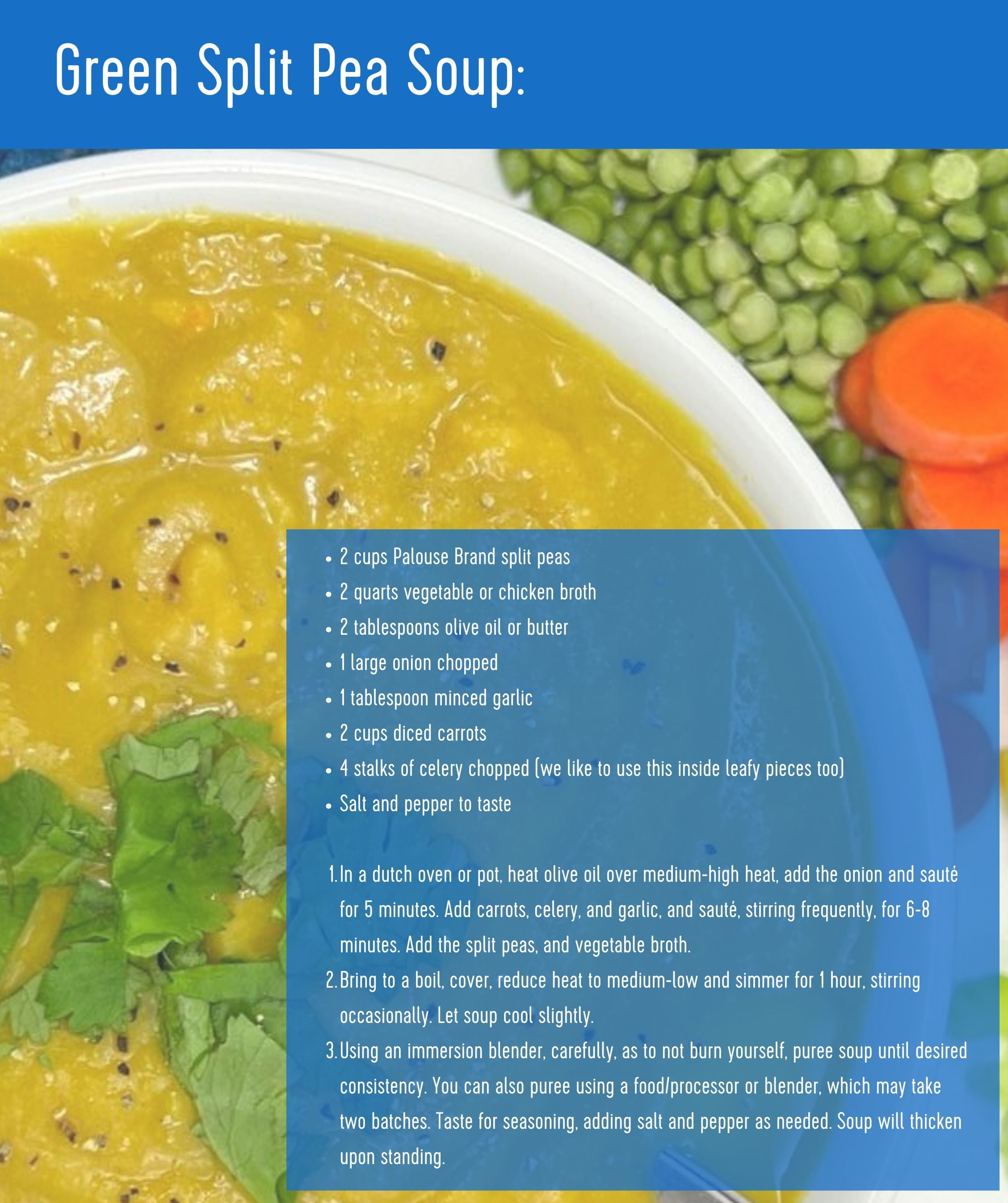 Palouse Brand Green Split Pea Soup recipe card with bowl of yellow-green soup, raw split peas and carrots, ingredient list, and step-by-step directions