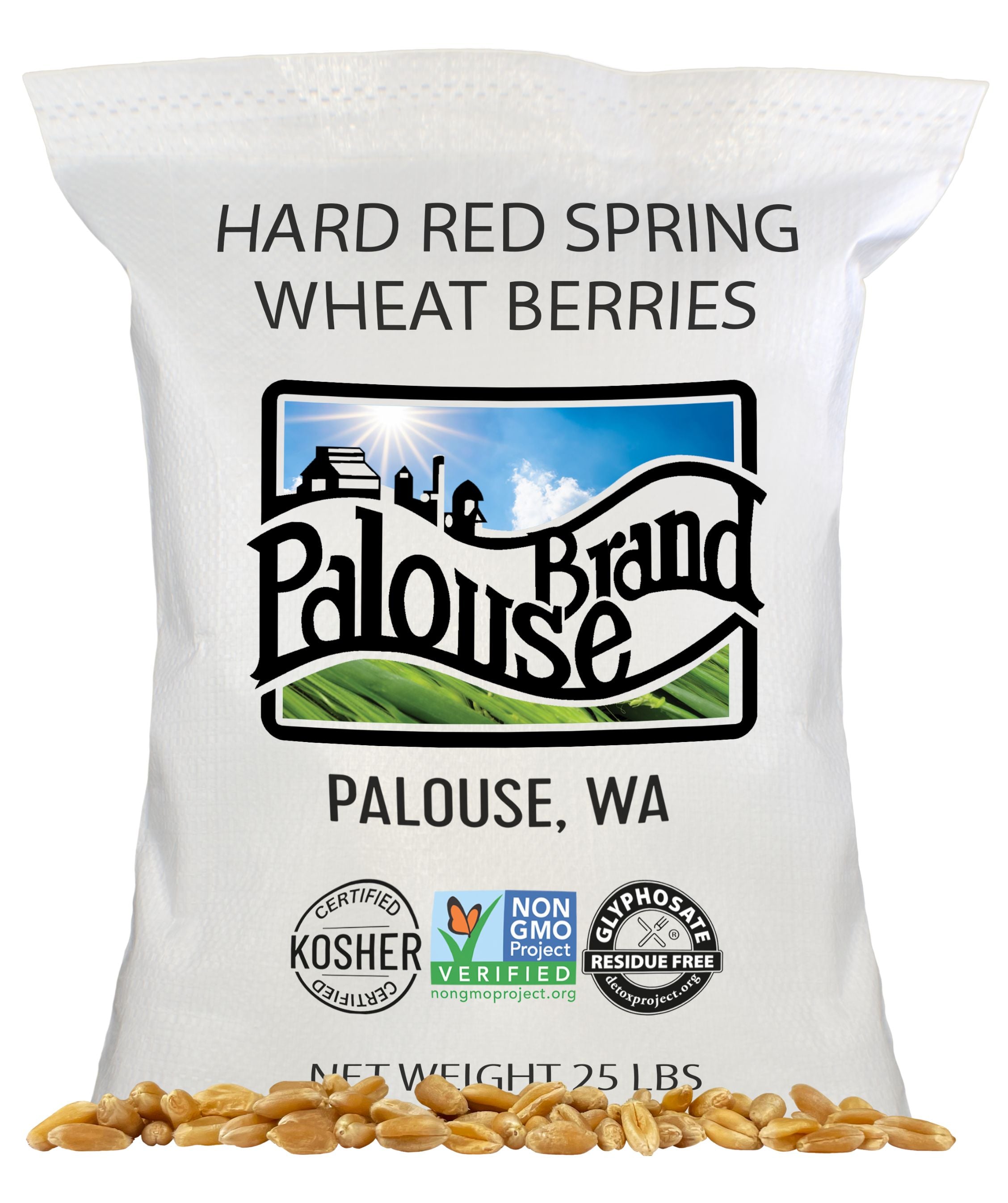 Front of Palouse Brand Hard Red Spring Wheat Berries 25 lb bag from Palouse WA with Kosher Certified, Non-GMO Project Verified, and Glyphosate Residue Free seals