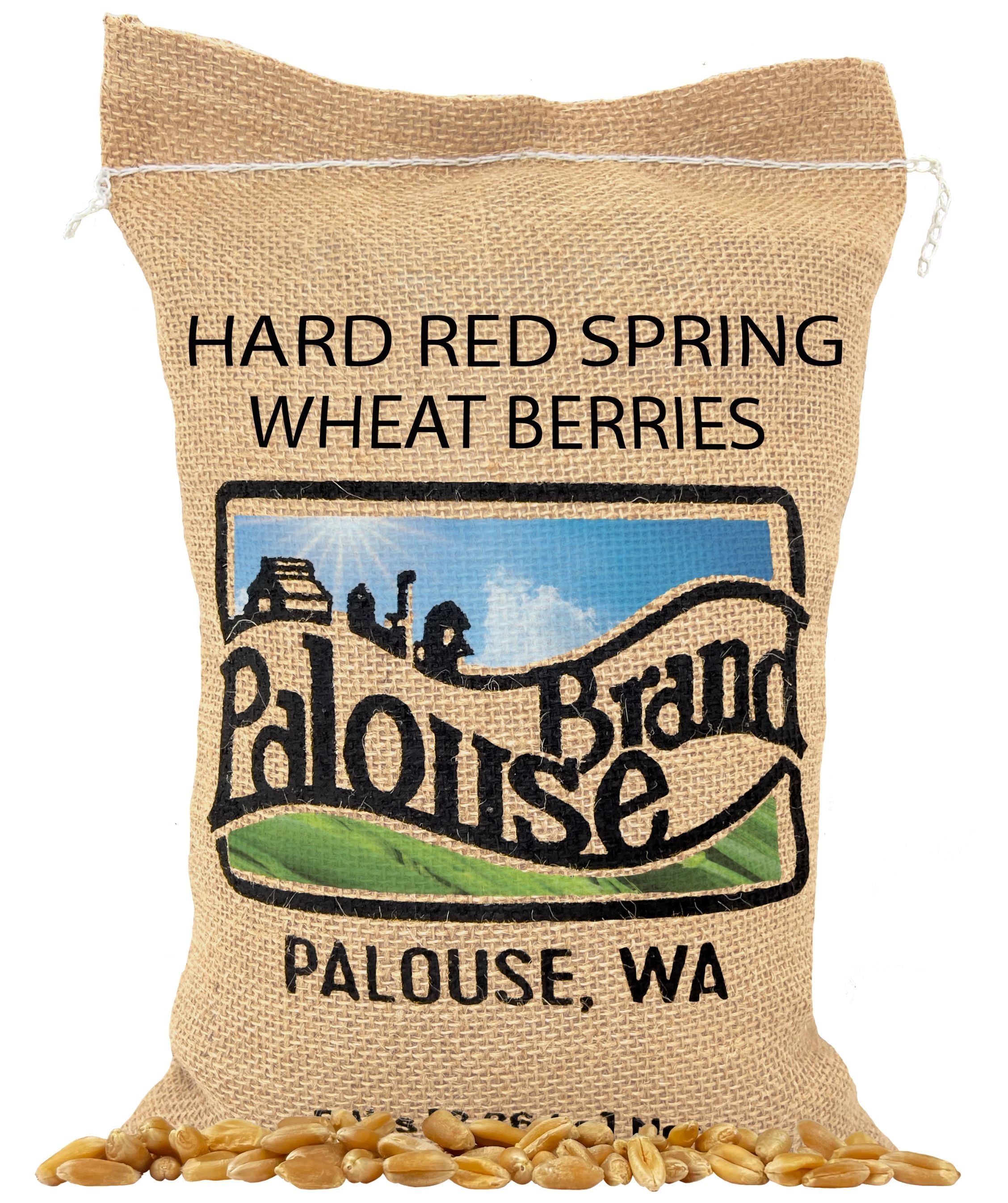 Burlap drawstring sack labeled 'Hard Red Spring Wheat Berries' with the Palouse Brand farm logo and 'Palouse, WA' on a white background