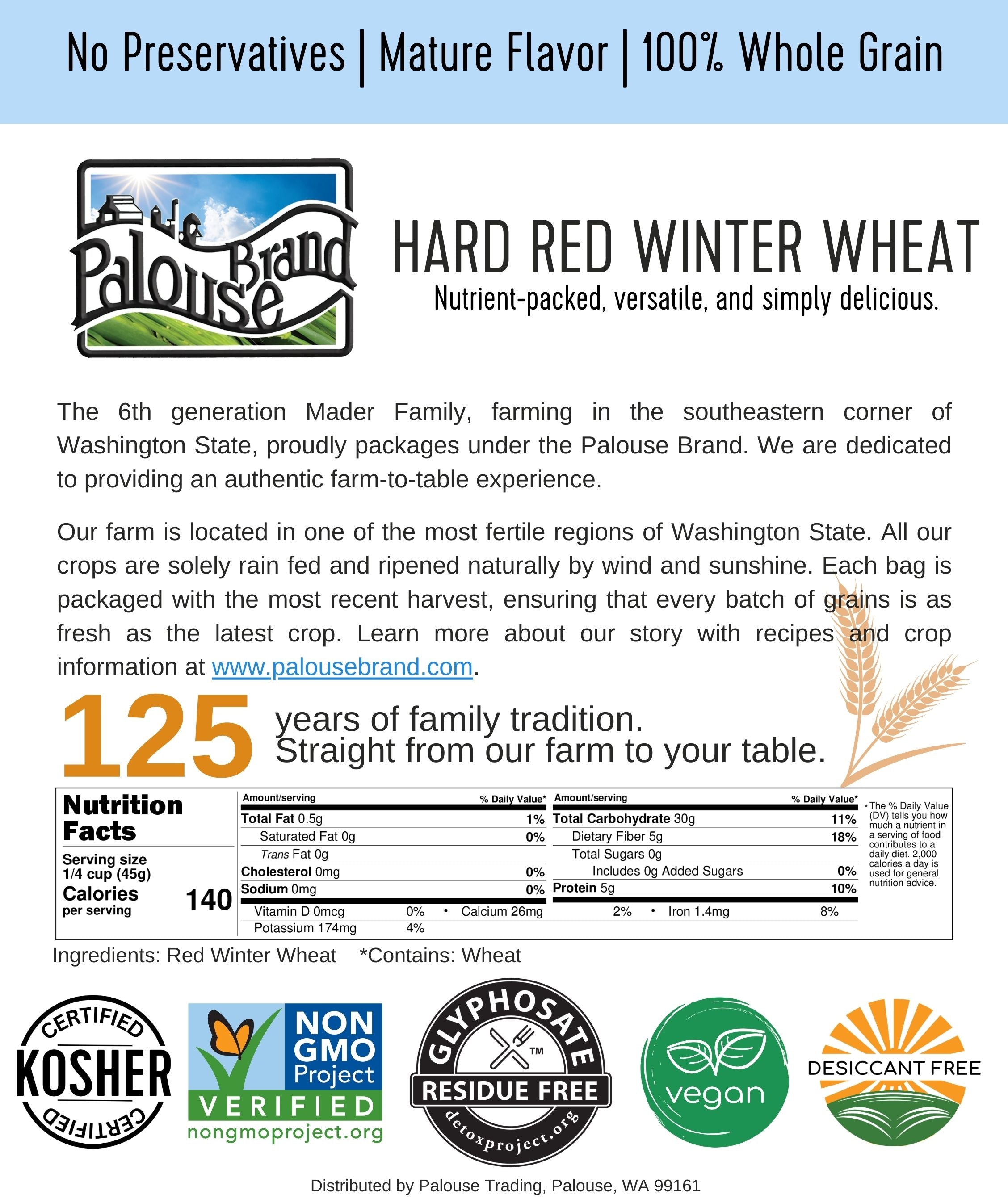 Palouse Brand Hard Red Winter Wheat information card describing the Mader Family farm with nutrition facts and Kosher, Non-GMO Project Verified, Glyphosate Residue Free, vegan, and Desiccant Free certifications