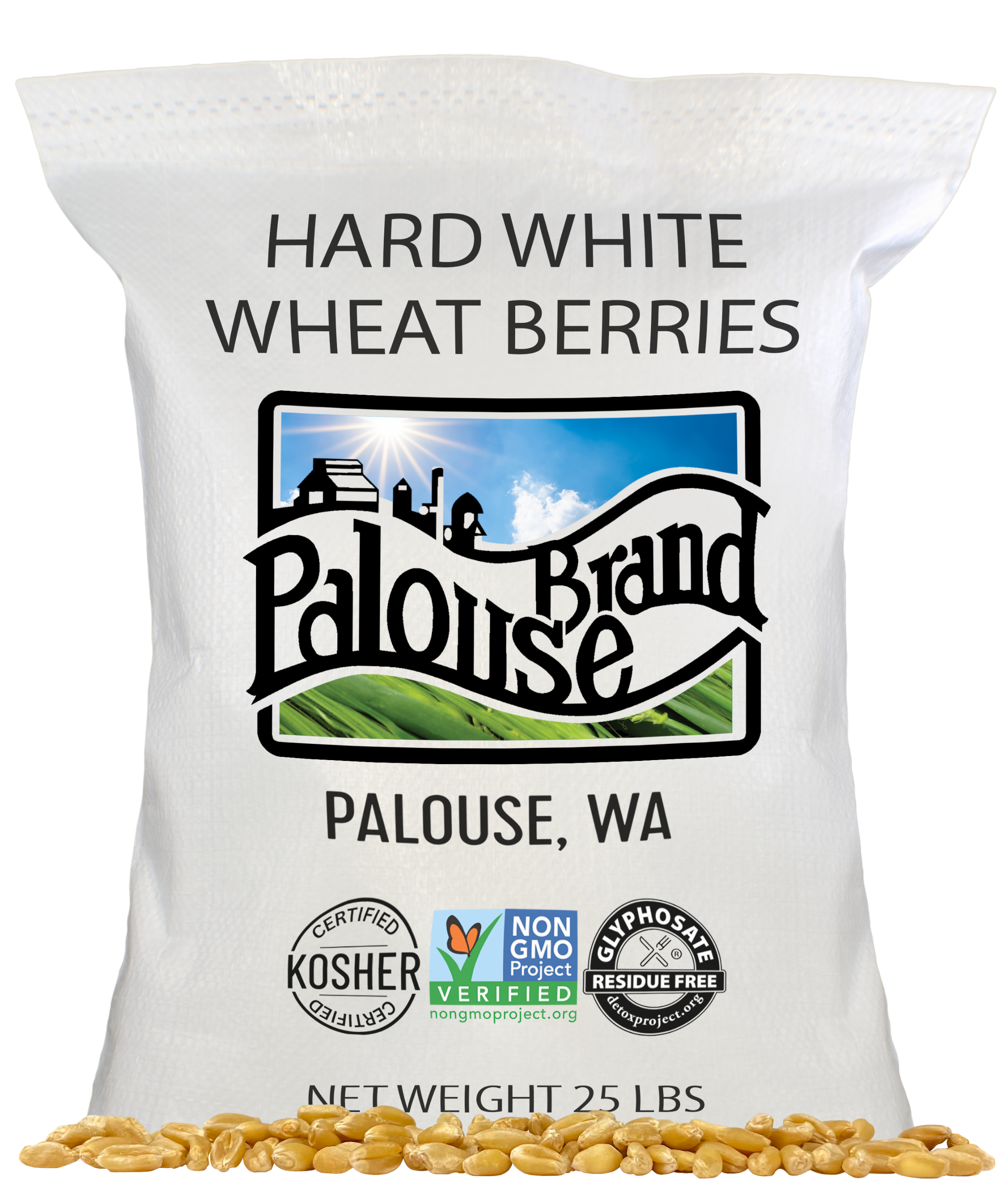 Palouse Brand Hard White Wheat Berries 25 lb bag with Kosher, Non-GMO, and glyphosate residue free certifications on a white background