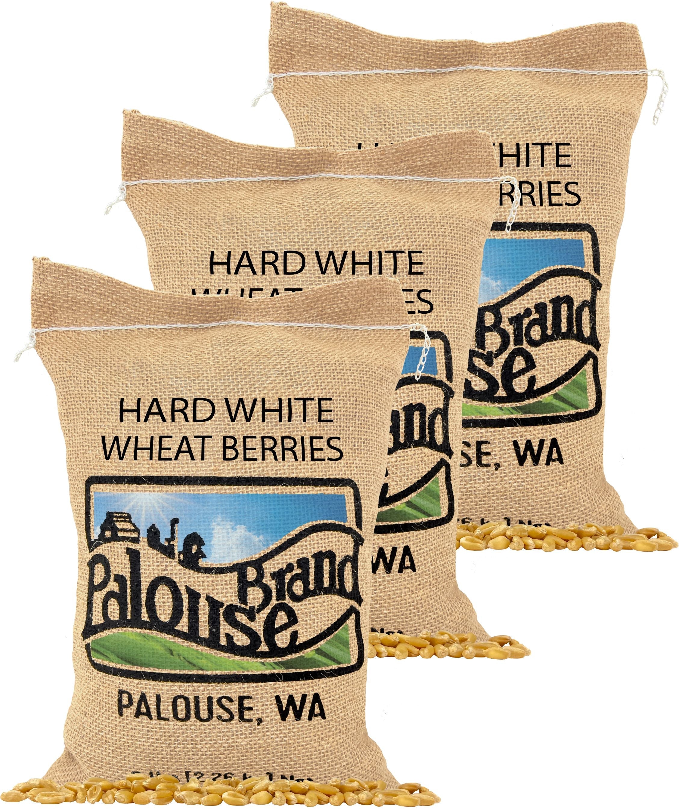Three Palouse Brand Hard White Wheat Berries burlap bags from Palouse, WA with wheat berries spilled at the base