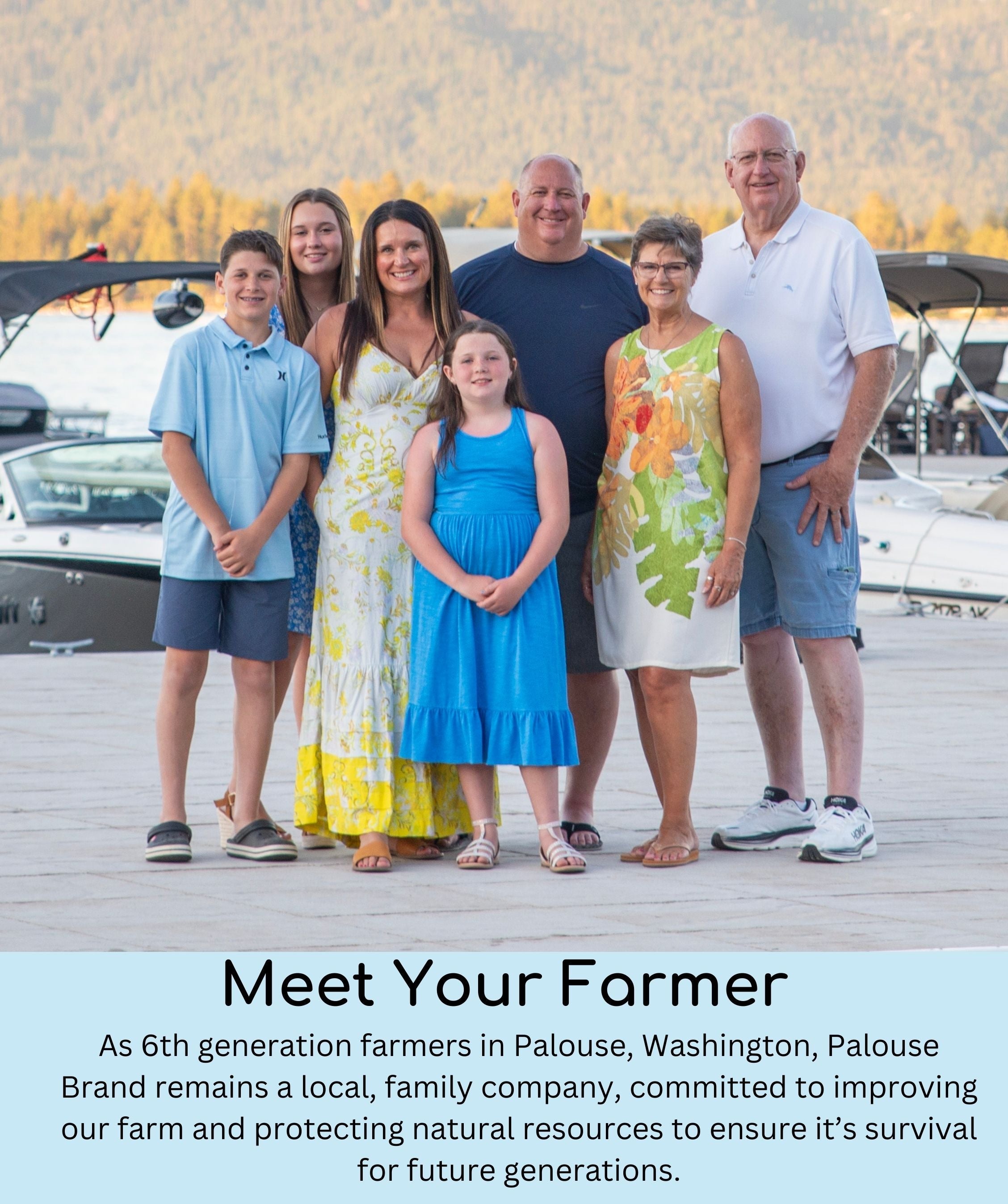 Photo of the 6th generation Mader Family in Palouse, Washington with text 'Meet Your Farmer' describing Palouse Brand as a local family company