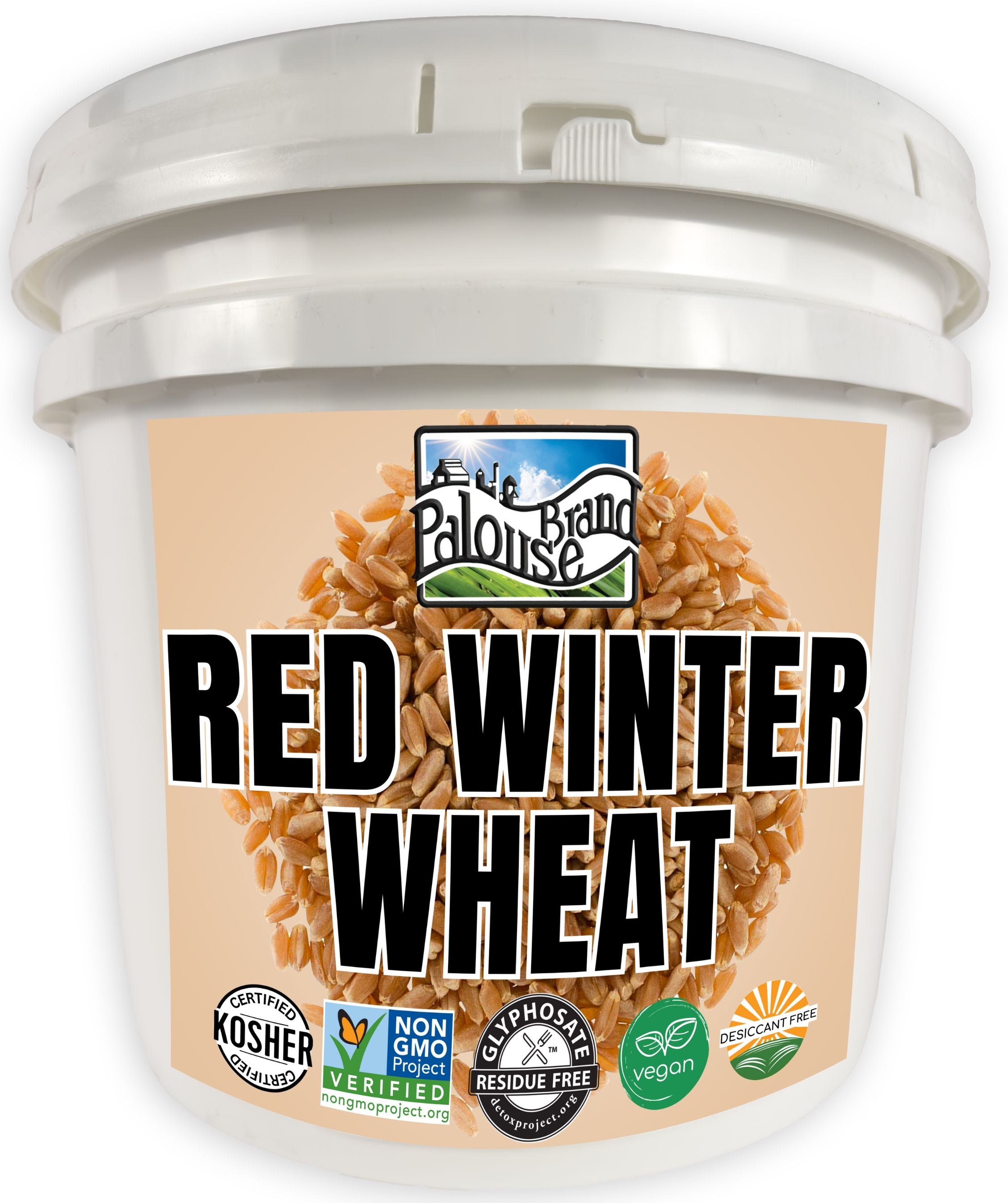 Palouse Brand Red Winter Wheat white storage bucket with Kosher, Non-GMO Project Verified, Glyphosate Residue Free, vegan, and Desiccant Free certifications