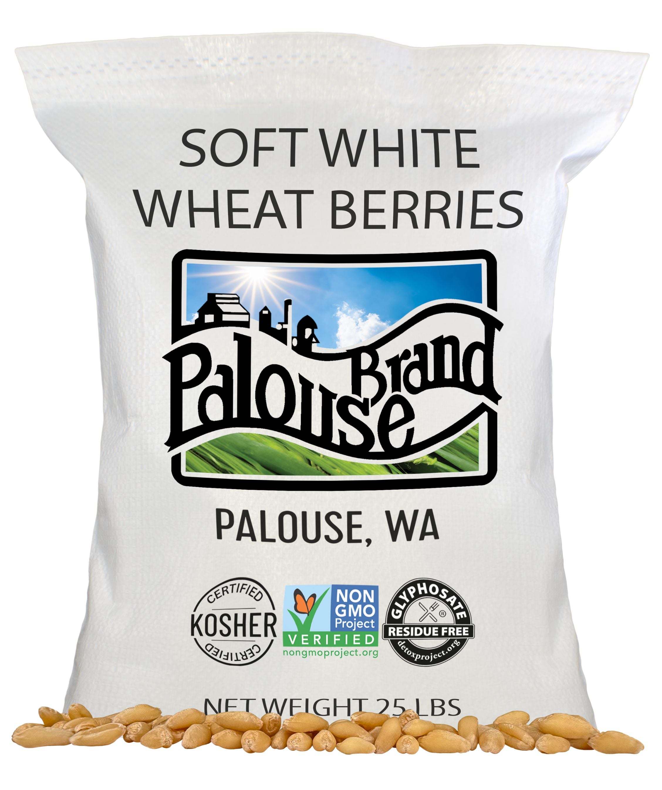 Front of Palouse Brand Soft White Wheat Berries 25 lb bag from Palouse WA with Kosher Certified, Non-GMO Project Verified, and Glyphosate Residue Free seals