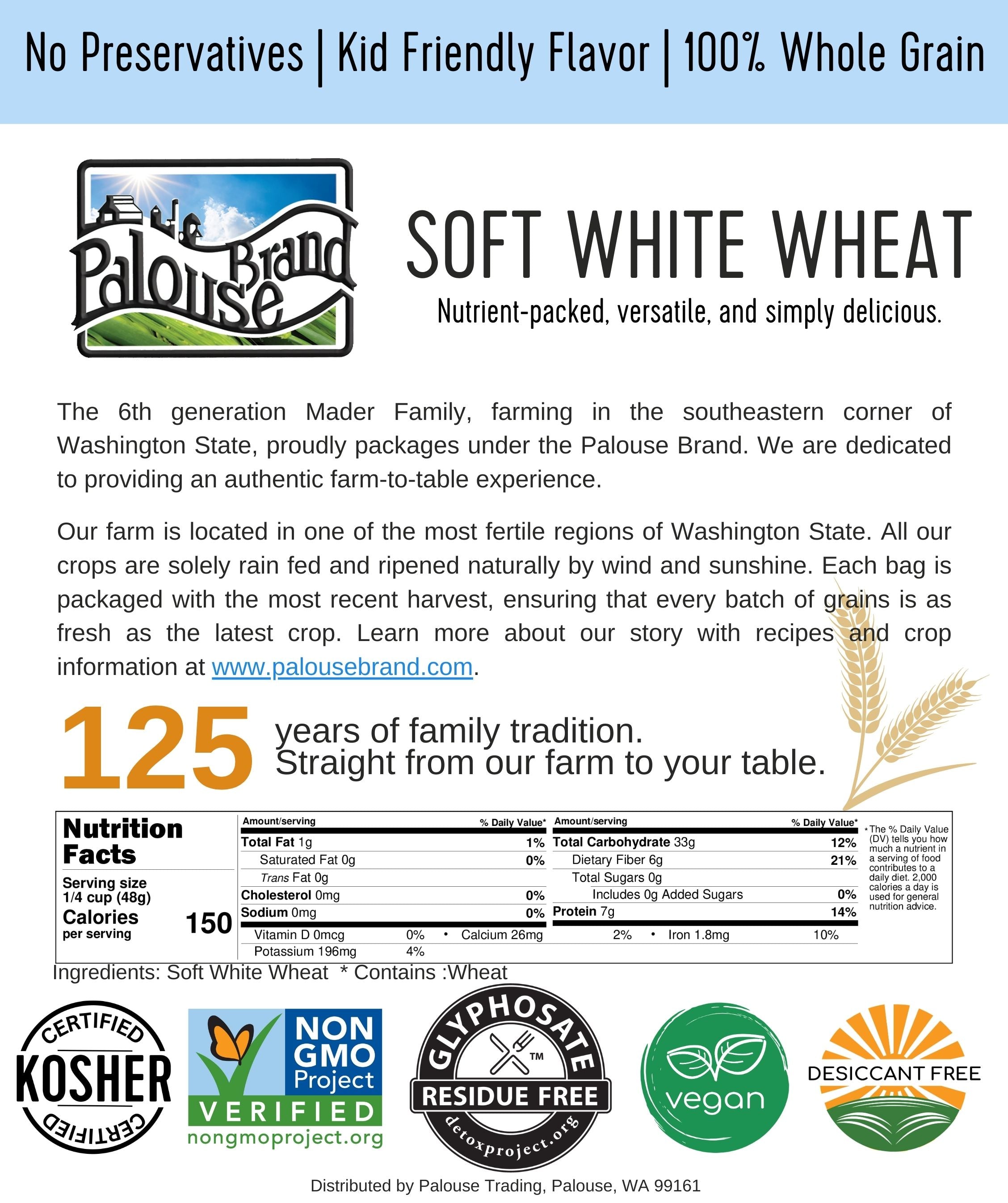 Palouse Brand Soft White Wheat information card describing the Mader Family farm with nutrition facts and Kosher, Non-GMO Project Verified, Glyphosate Residue Free, vegan, and Desiccant Free certifications