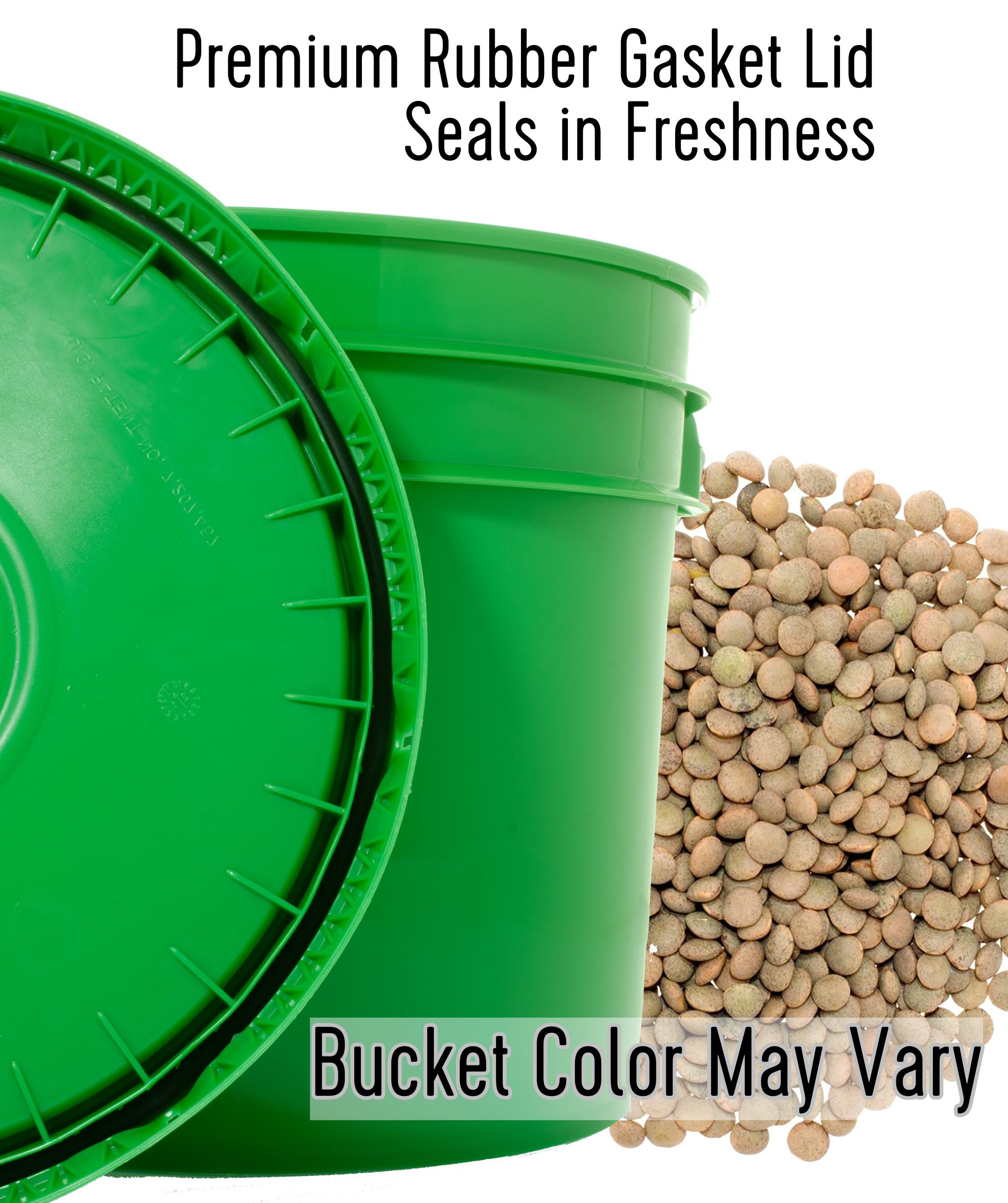 Green Palouse Brand storage bucket with premium rubber gasket lid and a pile of brown lentils, with text 'Premium Rubber Gasket Lid Seals in Freshness' and 'Bucket Color May Vary'