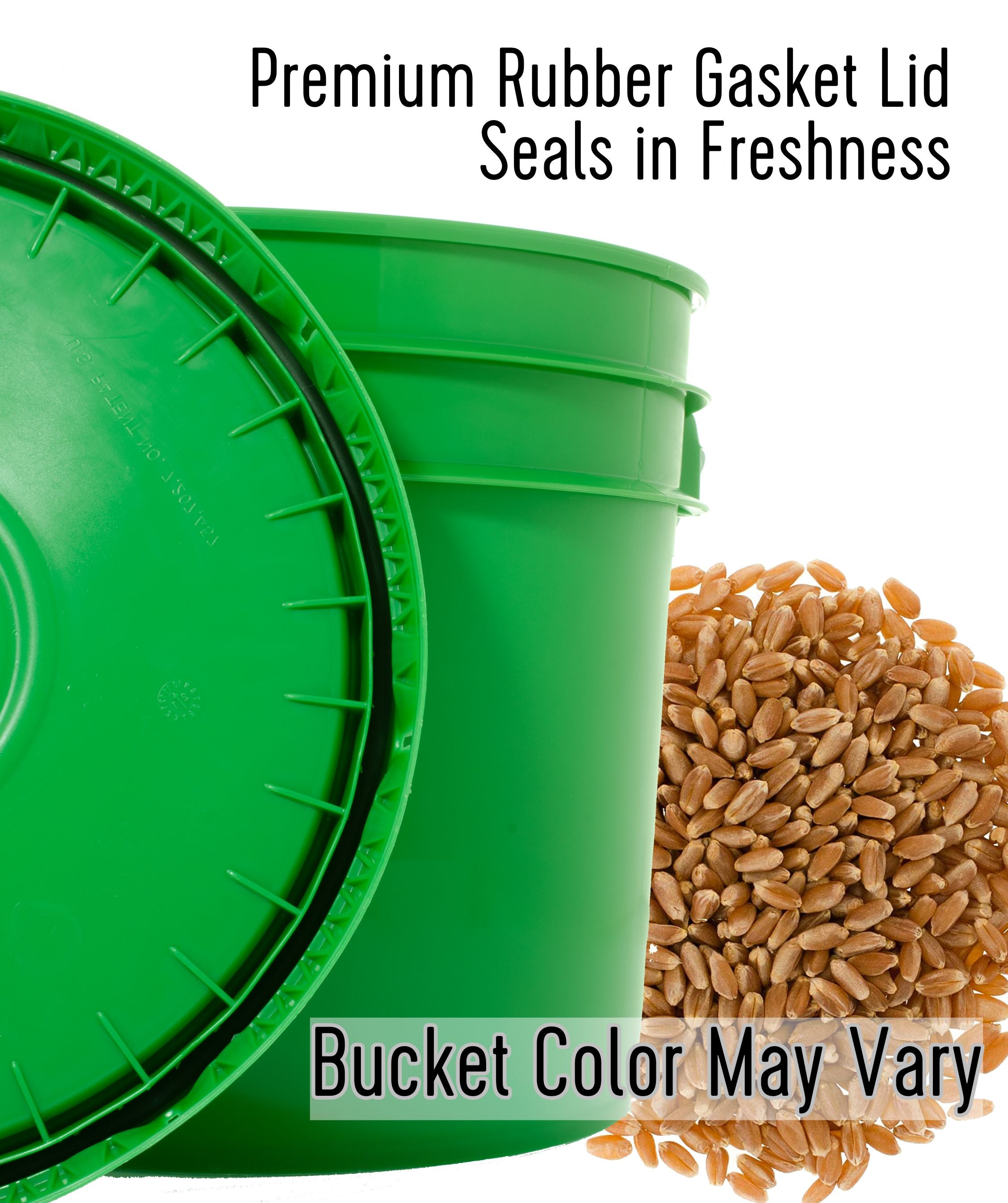 Green Palouse Brand storage bucket with premium rubber gasket lid and a pile of Red Winter Wheat berries, with text 'Premium Rubber Gasket Lid Seals in Freshness' and 'Bucket Color May Vary'
