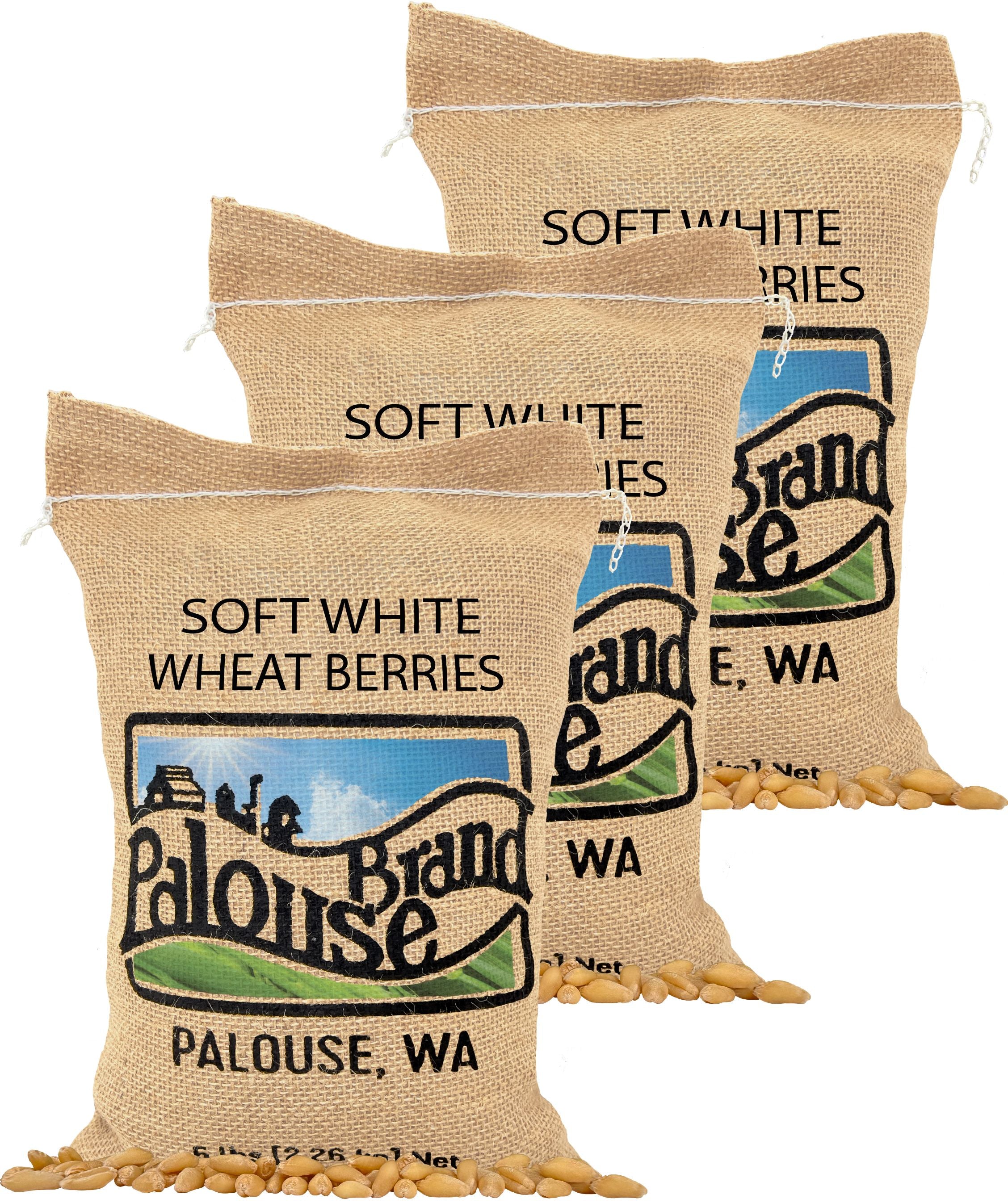 Palouse Brand Soft White Wheat Berries burlap bags with wheat berries on a white background