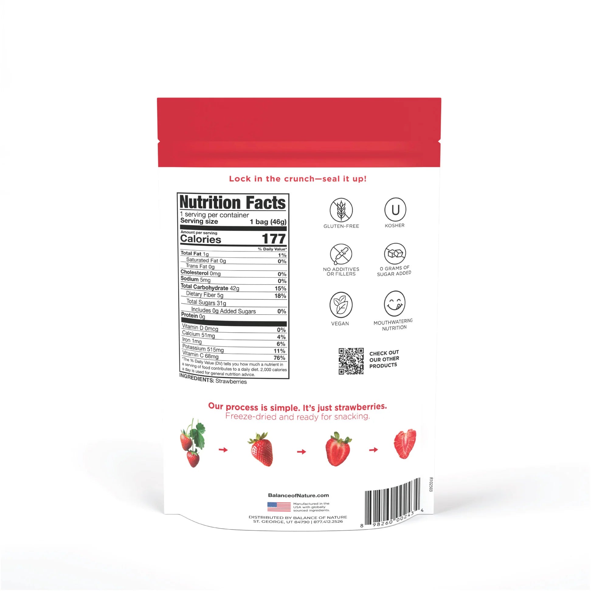 Back of a Balance of Nature freeze-dried strawberries pouch with Nutrition Facts, gluten-free, kosher, vegan, and no additives certifications