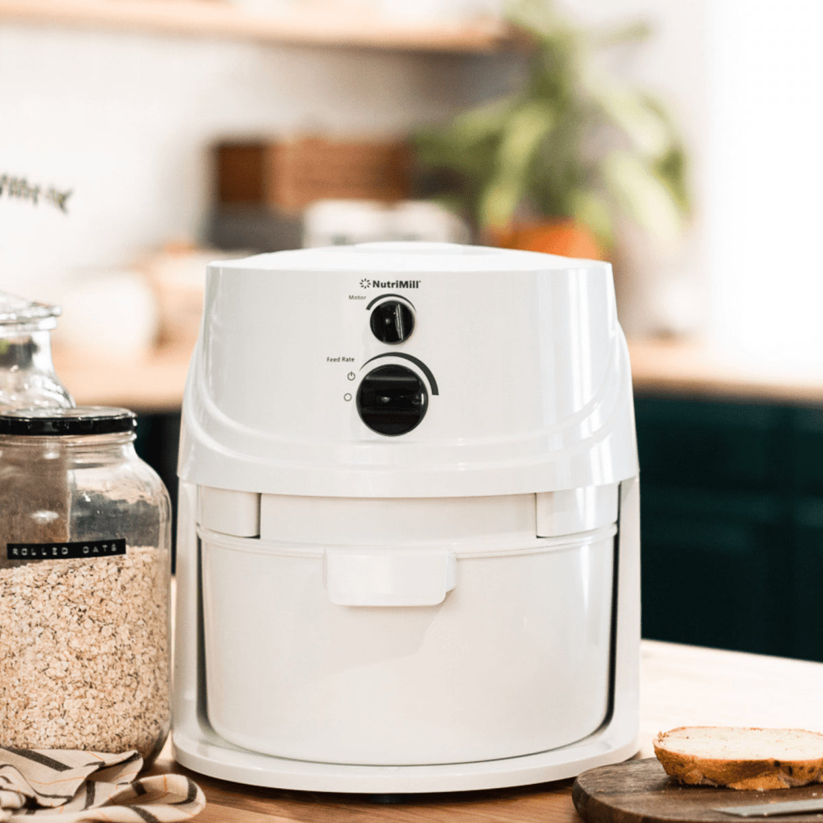 NutriMill Classic grain mill sitting on kitchen counter next to oats